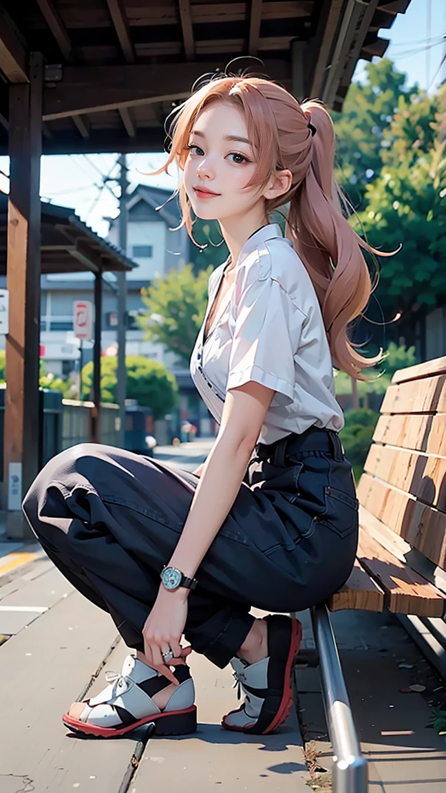 ((((highest quality)))), (((Ultra-precision CG 16K))), (((masterpiece))), (((Very detailed))), (((Extremely detailed))), (((Black outline:1.3, Written boundary depth:1.3 , Written soft outline))), Blur, Bokeh, Maximum clarity and sharpness,Multilayer Texture, Surface Shading, Cinematic lighting, Beautiful details sparkle ,Perfect Proportions, Limited to one woman, break beautiful hair, Beautiful Japanese Idol face, Beautiful and beautiful eyes, Beautiful body, Beautiful breasts, Beautiful thighs, Beautiful legs, Beautiful fingers, (Beautiful views) , Cleavage, Voluptuous body, eight-headed body, ((Beautiful Skin)), ((Skin Texture)) BREAK breast enlarged, medium Breasts, perky tits, (blush, smiling:1.3, pink cheek, eye shadow , narrow eyes, 20 years, Attractive adult woman , anime gyaru , Big eyes) , twin braid, Long Hair, Striped Hair, Hair Intake, Inner hair color, BREAK (japanese traditional fashion), nail art, necklace, Bridal Ring, wearing a watch BREAK (((sitting on bench, wind blowing hair , Running hand through hair, from side from below, full body Shot, long shot, looking away, \(A face waiting for a kiss\):1.3))), ((japanese rural Station platform:1.3, railway, train)),