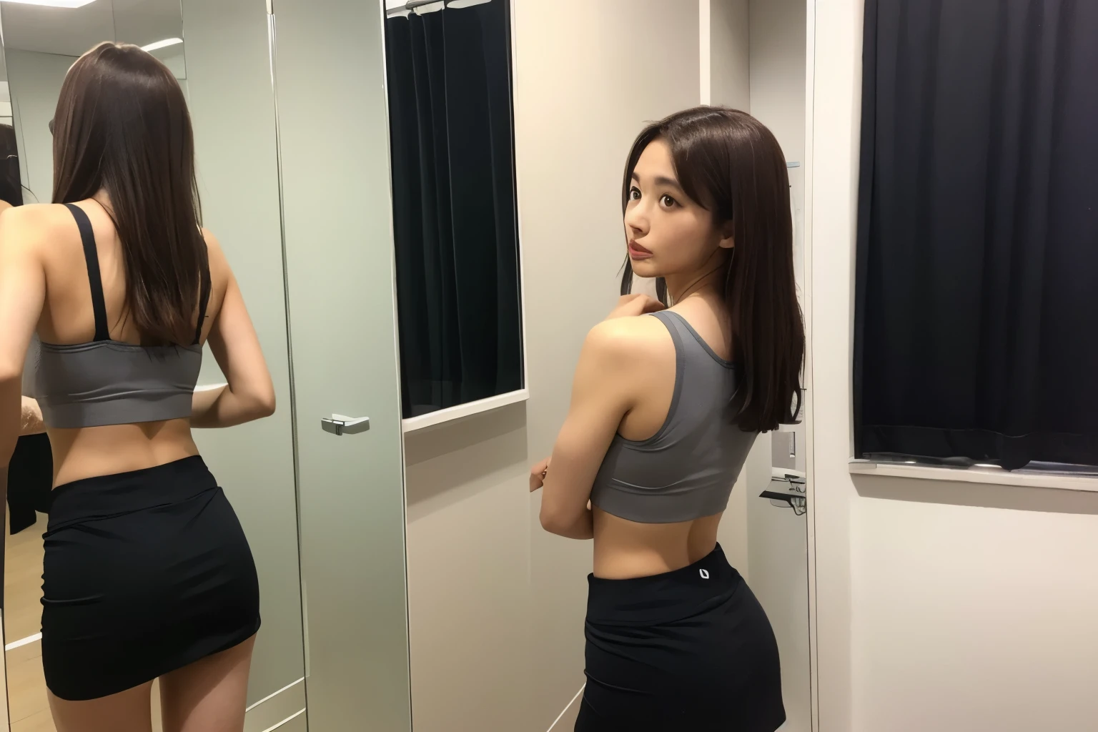 Japanese Beauty、Brown Hair、T-Shirts、Black mini skirt、Back view、Selfie、Reflection in the mirror、Grey sports bra