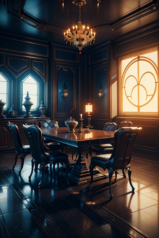 there is a dining room with a table and chairs and a chandelier, cgsociety 9, futuristic persian palace, cgsociety unreal engine, redshift houdini, futuristic. game cg, unreal engine cinema4d, ornate cyberpunk interior, hyperrealistic symmetrical 8k, rene lalique and eddie mendoza, cinematic unreal 5, cinematic smooth unreal engine  