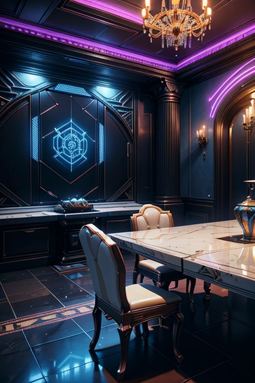 there is a dining room with a table and chairs and a chandelier, cgsociety 9, futuristic persian palace, cgsociety unreal engine, redshift houdini, futuristic. game cg, unreal engine cinema4d, ornate cyberpunk interior, hyperrealistic symmetrical 8k, rene lalique and eddie mendoza, cinematic unreal 5, cinematic smooth unreal engine  