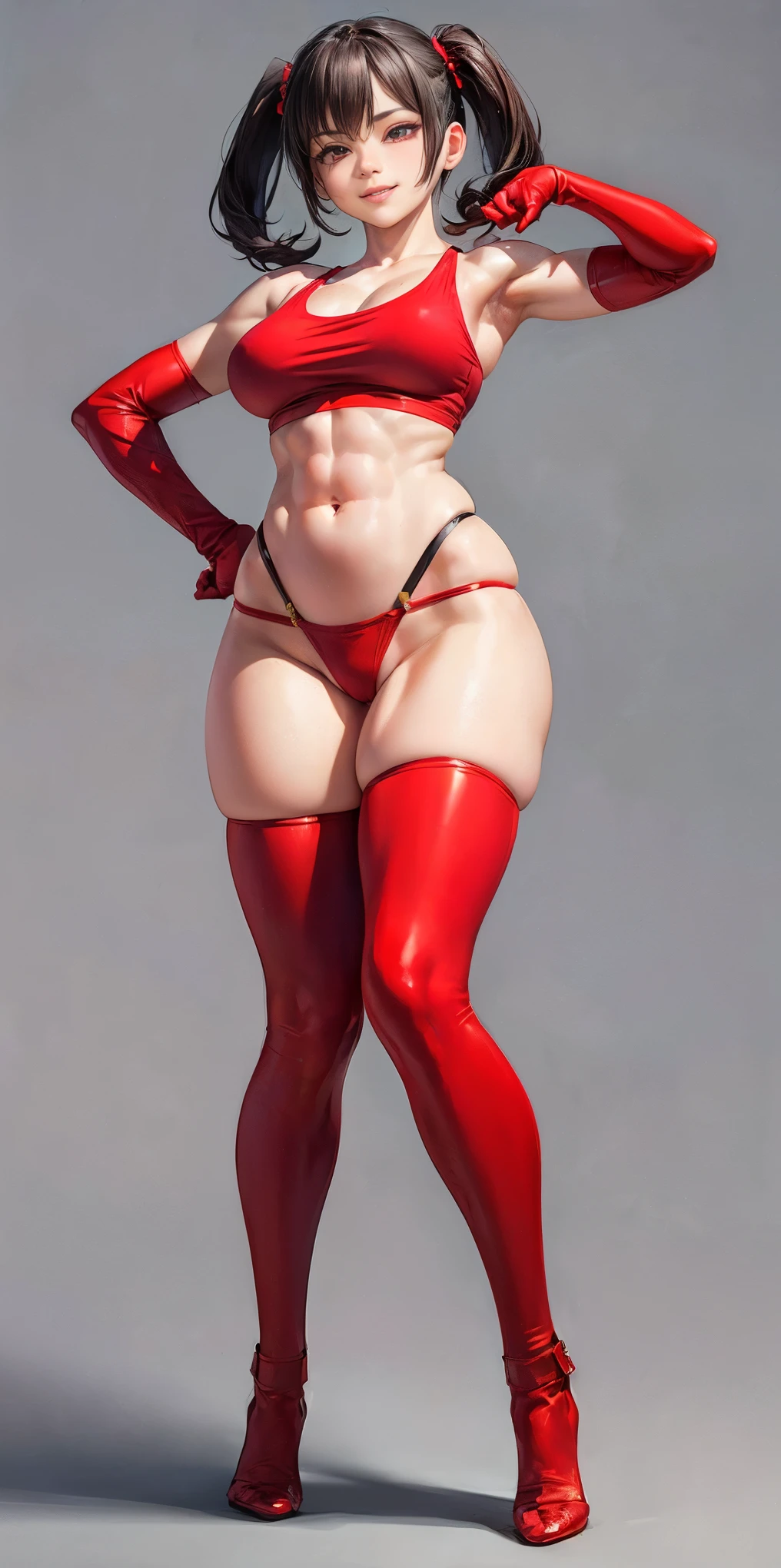 (plain background, 8k, best quality, masterpiece, realistic, photo-realistic:1.37) (full body height standing straight symmetrical contrapposto) (looking at viewer) 2legs apart (wide stance) ultra detailed, 1solo cute girl (beautiful detailed eyes) (smile:1.2) (closed mouth) view from below depth of field, good composition, bob hair, perfect knockers, suspenders, toned body, athletic, wide hips, thin waist, toned arms, exposed abdomen, abs toned, navel, big belly button belt ((red cheeks, red eyes, red tank top, red thong, red gloves gauntlets, red stockings thighs)) (Rei Kishimoto)