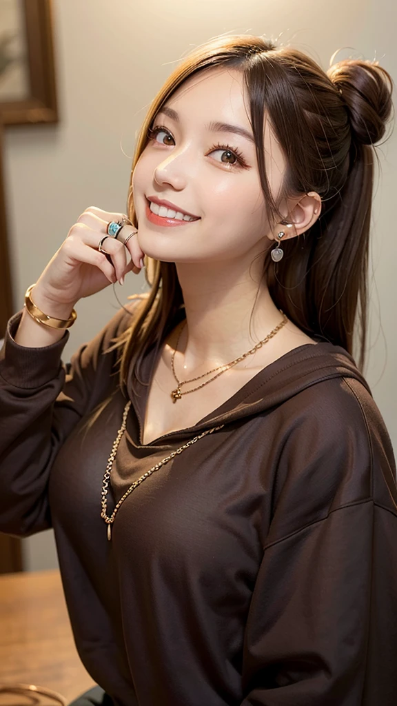 , huge, Twin tails, Brown Hair, hoodie, Vintage Gothic, Pause, cute, Looking up, high quality, necklace, ring, bracelet, Earrings,smile,Looking at the camera