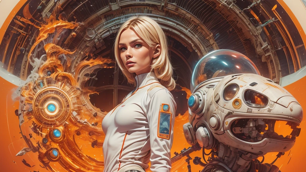 arafed image of a white woman in a futuristic suit with a spaceship in the background, movie art, in front of an orange background, inspired by Robert McGinnis, female protagonist, megastructure in the background, portrait of an ai astronaut, astronauts, an astronaut, portrait of a astronaut skeletor, perfect android girl, detailed eyes, perfectly detailed teeth, frank franzzeta and sakimichan  