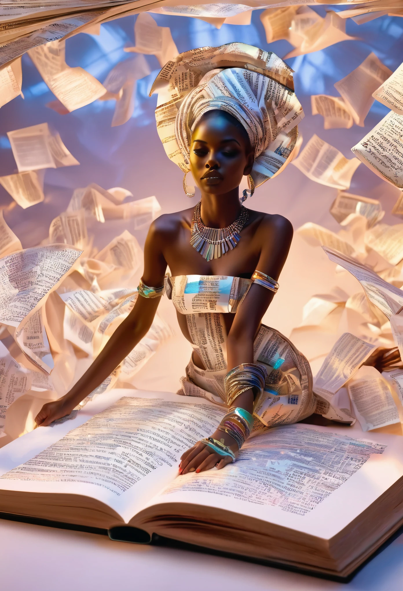 a holographic image of a miniature African woman dressed in paper designed clothes laying on a giant open book, words in the book reflecting all over her body, the reflecting words glowing white providing a beautiful surreal imagery, the background library dim lit with focus image sharpness on the African woman laying inside an open giant book,