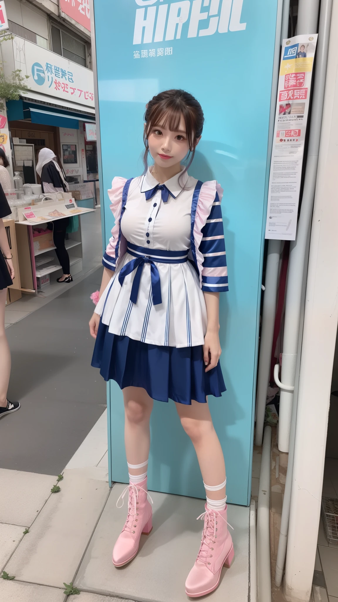 Costume like a idol, blue and white half sleeve Jacket, pink satin ruffled blouse, White and pink stripe pleated skirt, white lace up boots