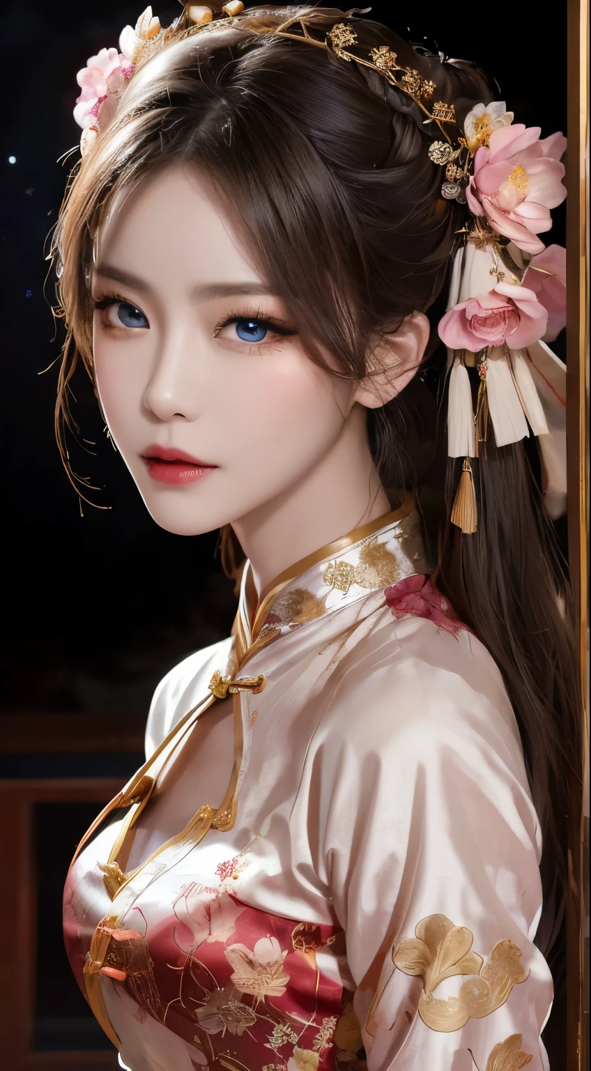 woman in red and gold dress, Flower background, palace, Hanfu girl, wearing red cheongsam, Chinese, with ancient Chinese服饰, wearing ancient Chinese服饰, Traditional Beauty, Chinese traditional, Chinese Girl, cheongsam, Chinese服饰, Chinese Princess, Hanfu, Chinese traditional clothing, Chinese服饰, 1 27-year-old girl, 1 Chinese Zodiac goddess from the future, goddess of the pink and purple 12 Chinese Zodiacs, the goddess of the Chinese Zodiac in a yellow ao dai, a 12 Chinese Zodiac ao dai with many black lace detail, mythology Goddess of the 12 Chinese Zodiacs from the future, Chinese Zodiac ♏, luxurious glittering Chinese Zodiac style, Dark Mystery Version, Chinese Zodiac crown, lipstick lips red, Thin and beautiful lips, mouth close, Characters created by Carol Buck and Pino Deheny, Intricate details, Detailed background, Extremely detailed, Light Magic, A woman, Clear face, Long hair,With bangs, Exquisite facial details,Eyes well proportioned, (Transparent eyes: 1.8), Big round eyes,Exquisite and beautiful makeup, Vision, Silk dress, Mysterious Makeup , Double bangs,Dyed light blonde , Upper body portrait, Chinese Zodiac goddess portrait, Arms hanging loosely, Real and vivid photos, (stars make up the Chinese Zodiac: 1.7), (sky background Chinese Zodiac and fictitious space and time portal: 1.8), Fiction Art, original photo, Hanfu picture, Best photos, Best photos quality, 8K picture quality, 8K Ultra HD, Super realistic, Real shot is the most cost-effective, The goddess poses sexy and seductive,