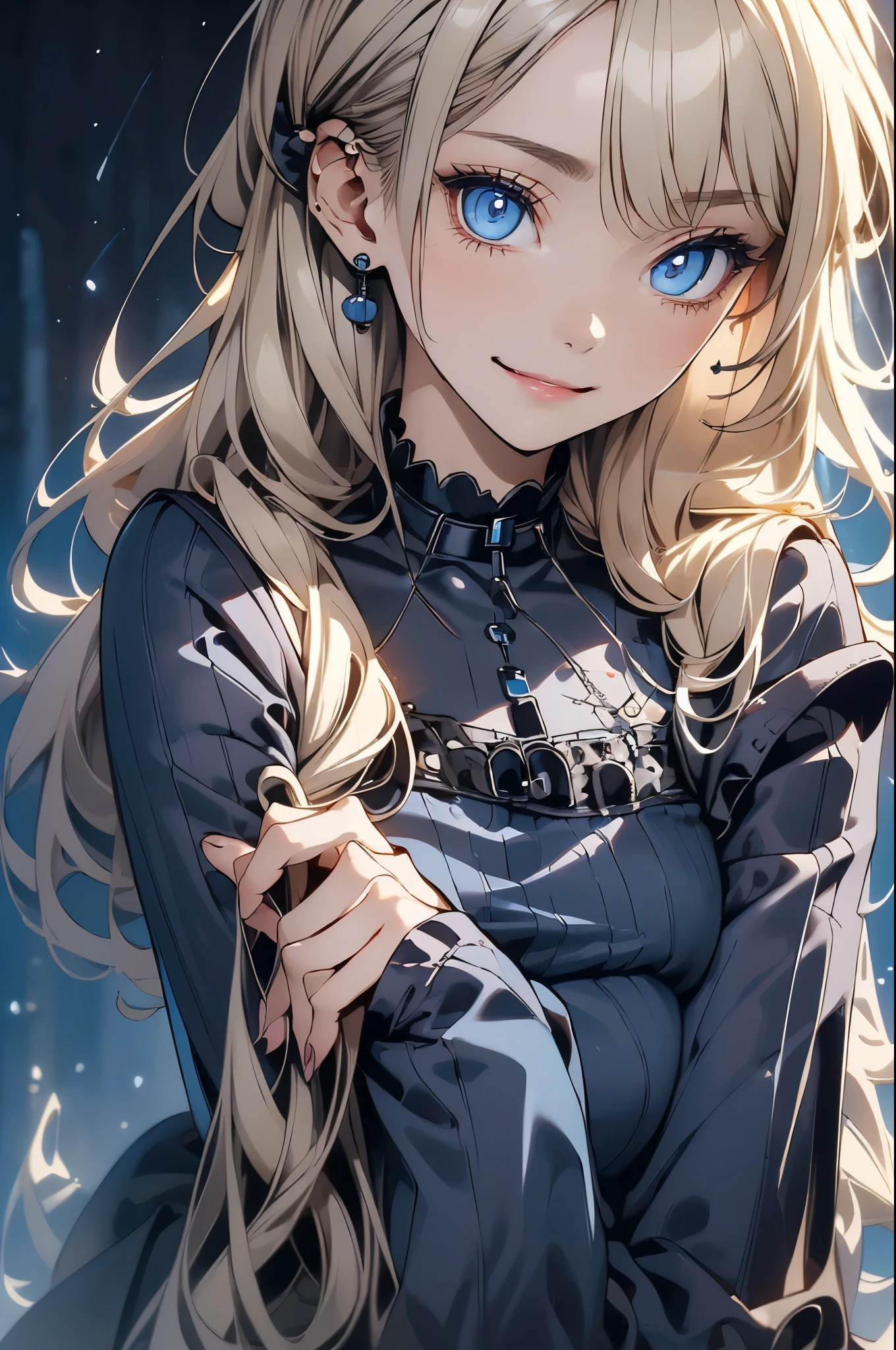 ((Biologically correct limb count))、(( Illustrations including faces))、4K、Masterpiece、((Focus on the face))、((Symmetrical, well-proportioned facial features))、Eyes with delicate depictions、Beautiful woman、Outstanding style、Slender Body、((blue gothic dress、Gothic ta)、High heels)、In the water at night、((Upper body close-up))、smile、Shy