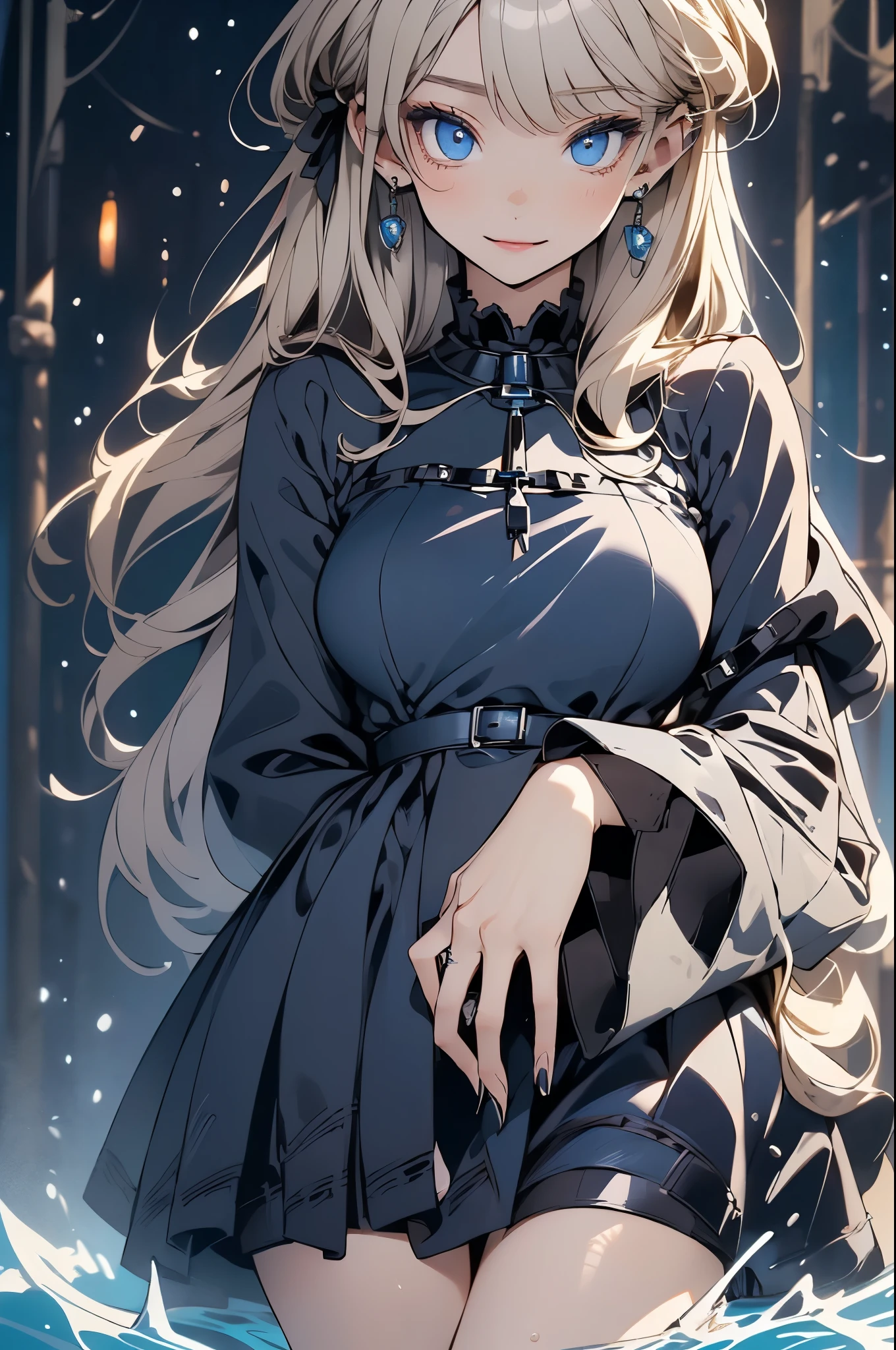 ((Biologically correct limb count))、(( Illustrations including faces))、4K、Masterpiece、((Focus on the face))、((Symmetrical, well-proportioned facial features))、Eyes with delicate depictions、Beautiful woman、Outstanding style、Slender Body、((blue gothic dress、Gothic Lolita)、High heels)、In the water at night、((Upper body close-up))、smile、Shy