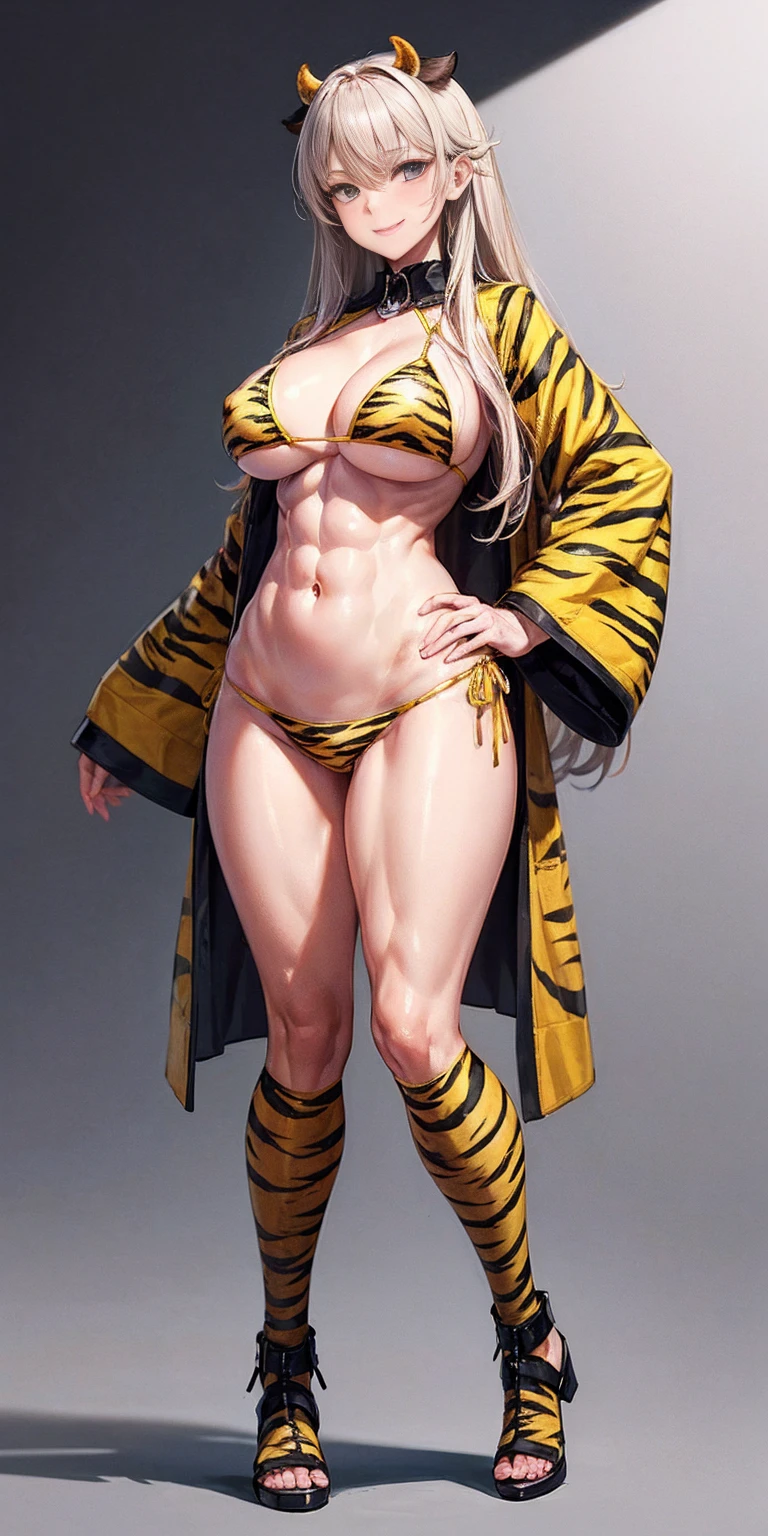 (((Plain grey background, masterpiece, high quality:1.1))) 1girl solo full body height standing straight symmetrical looking to the viewer, view from below, far shot, cow boy shot, perfect lighting, muscular, thighs, mature woman, mummy, bellybutton, abs, looks at the viewer smile RED CHEEKS, huge breasts, maternal, porcelain skin, sparkly skin, good face, chest cover, HANDS ON HIPS (yellow tiger bikini print long sleeves and long stockings)