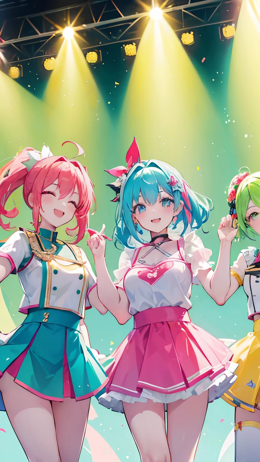 Five Girls, Idol Group, (Jumping), close your eyes, (smile) (Hand in hand), Raise your hand in the air, Pink Short Hair, Long yellow ponytail, Long bright green hair, Red Long Twintails, Long Blue Hair, Idol Costumes, 大きなsmile, (Colouful Concert Stage View), Ultra Sharp, 8k, masterpiece
