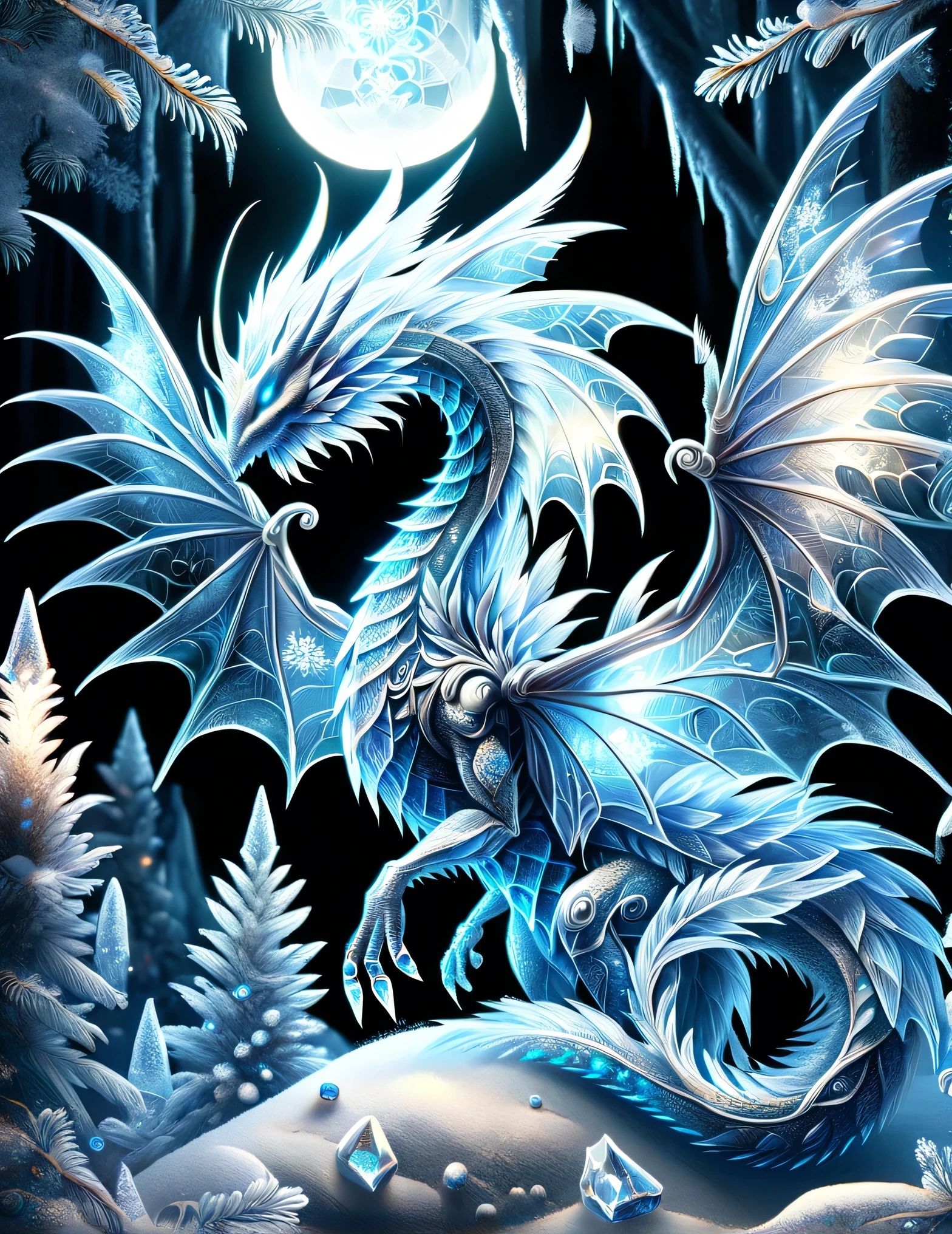 FrostedStyle photo of an undead ice dragon, bright blue eyes, eerie blue glow, transparent glass wings, close up, extremely detailed, snowy forest background