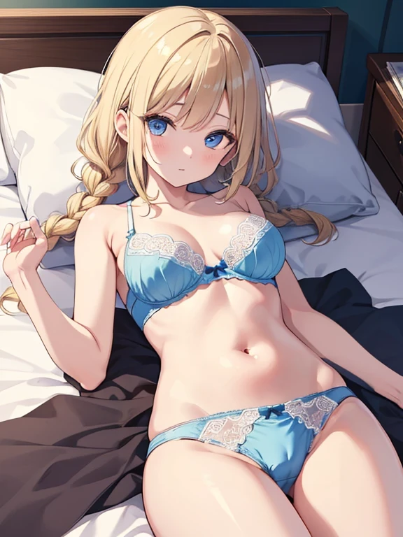 masterpiece, highest quality, Very detailed, 16k, Ultra-high resolution、1 girl aged 13, Detailed face、Perfect Fingers, blue eyes, Blonde, Braid, Blue Panties, Blue bra, Western-style room, futon, Lie on your back