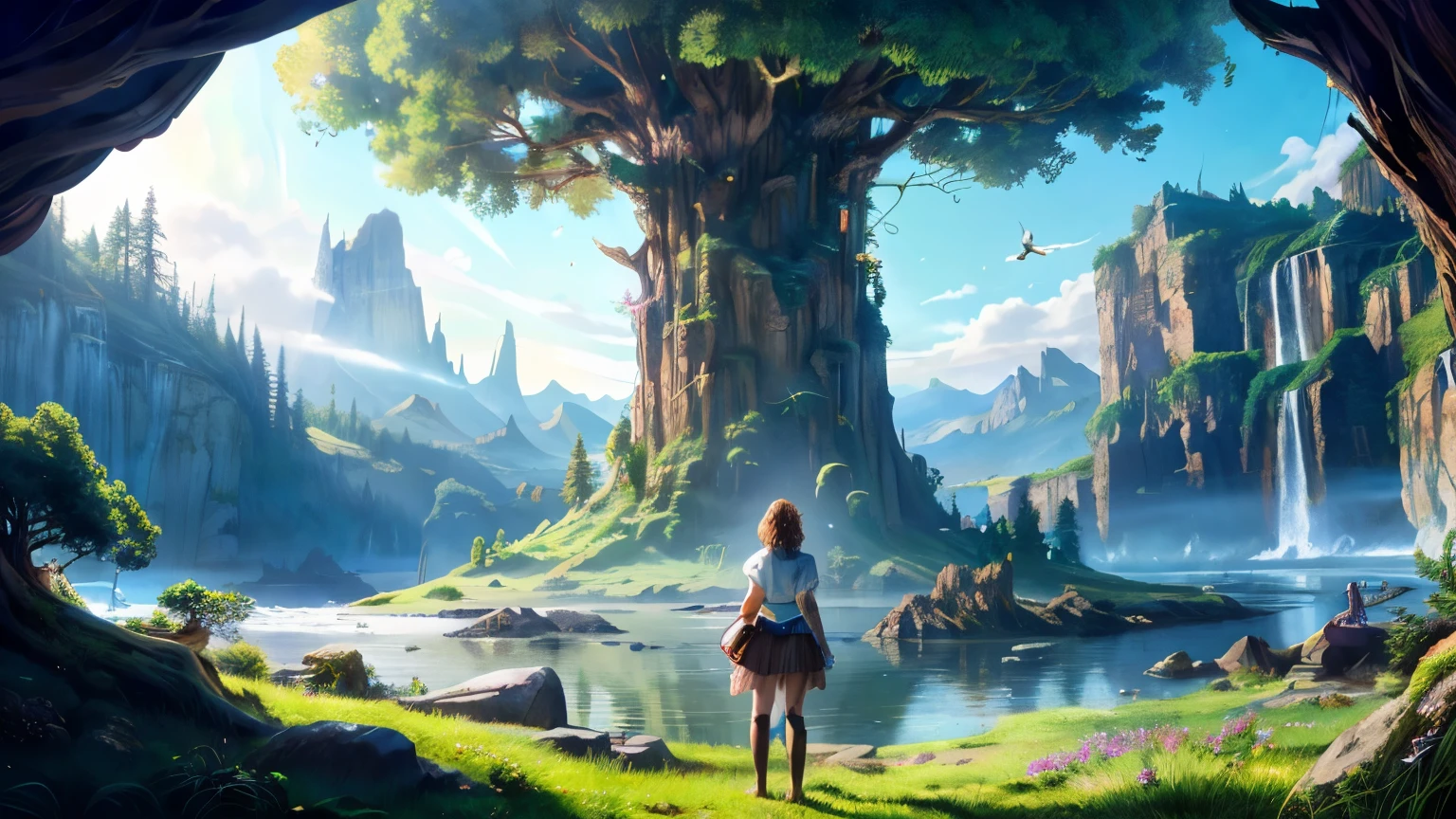 ((highest quality)), ((masterpiece)), (detailed),Hyperrealistic illustrations , Otherworldly, Giant Crystal Tree,Magical lighting, Detailed intricate forest, Surrounding vegetation and river, Adventurer、Girl ,landscape, Giant Tree, Like a movie background, 8k, highest quality, masterpiece, Sky with clouds and stars.
Fairy、
