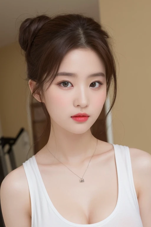 ((Best quality, 8k, Masterpiece :1.3)), Sharp focus :1.2, Korean aunt 19 years old ((Messy Bun
brown hair)) .face with make-up. red lipstick. necklace. (Big breast:1.3). (Full body)
((Tank top black. Short Torn torn)) wide. Do not be shy. Do not hesitate. Show me your pussy. In front of the camera. Closer. More clearly. in the fitness room_mix4, 20d, solo, photo-realistic:1.37