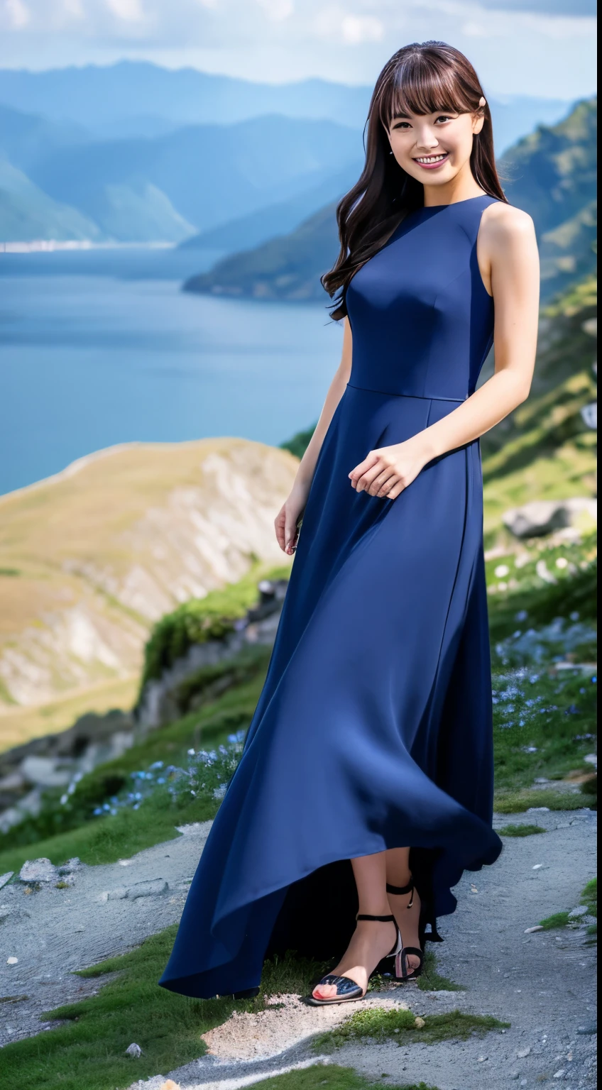 masutepiece, Best Quality, hight resolution, 1 Beautiful woman in a dark blue dress,fullbody image,Smile (In the mountains with a view of the sea),fullbody image,Very good image,