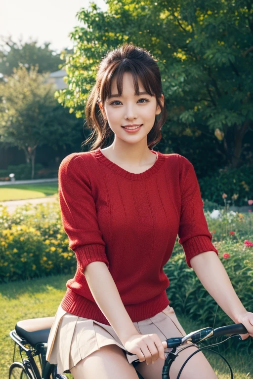 Medium display, fullbody shot, Depth of written border, bust, Upper Body, Movie angle, masterpiece, highest quality, Very detailed, CG, 8k wallpaper, Beautiful Face, Delicate eyes, Otome, alone, smile,red knit shirt,skirt,riding a bike