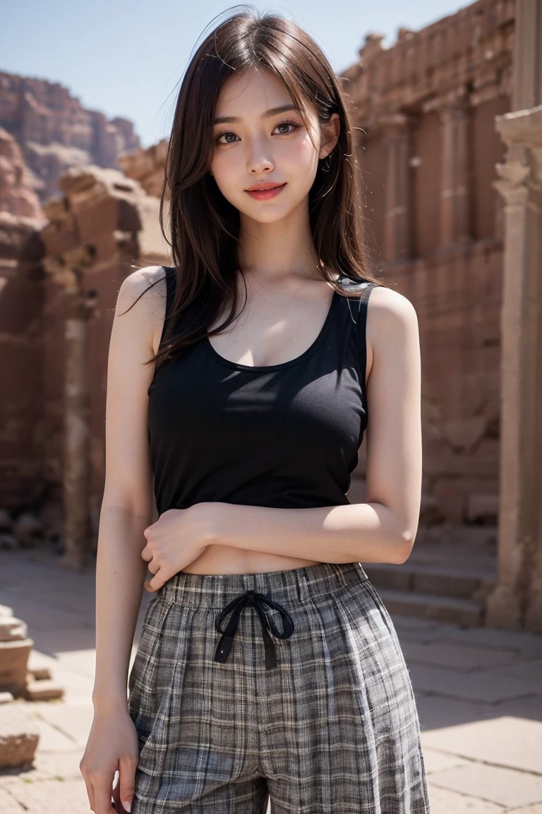 Top-quality Realistic,Official art,Highly detailed CG Unity 8k wallpaper,ultra-detailliert,hight resolution,Physically-based rendering,Magnificat,finely detail,masterpiece,Best Quality,ultra detailed,Mature beauty,Beautiful women,1girl,moist lips,sexy lips,Sexy smile,Gentle smile, 20 years old, Beautiful bare skin,Smooth bare skin, big well-shaped breasts, beautiful cleavage,beautiful Mature body,swept bangs,(Medium hair:1.3), beautiful detailed eyes,Delicately expressed eyes,model shoot style,Japanese Idol,Half-body,((Standing with the ancient ruins of Petra El Kazne in the background)),BREAK,((baggy clothes black tank top)),((plaid culotte pants)),Standing model pose,cute smile,(gentle smile like a goddess),(breast hold)