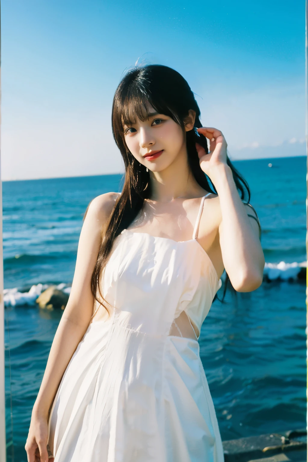 masterpiece、highest quality、cinema、(cute japanese woman、bangs:1.3)、23 years old、1 girl、elegant、black hair、Ocean、(horizontal angle、white dress:1.5)