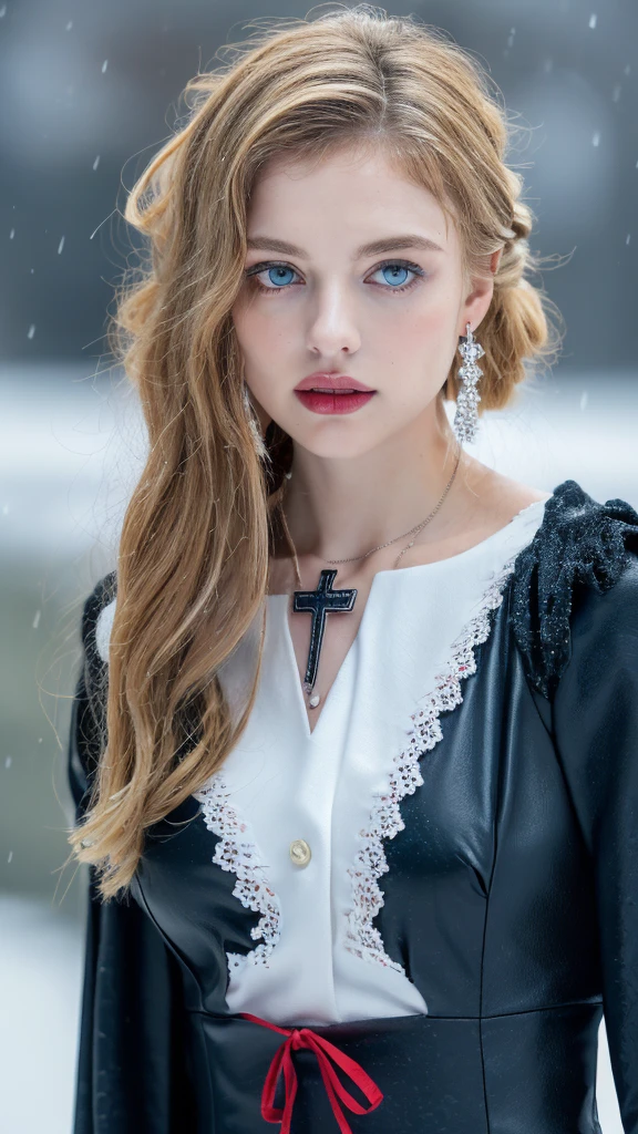 1 miniature Beautiful beautiful woman - Yuan Sayuki, ((top quality, 8K, Masterpiece:1.retty woman, 1 woman, huge breasts:1.3, a slim body:1.1, lush GINGER long hair with 2 buns, (shower, wet body, wet clothes:1.1), very detailed face, detailed lips, detailed eyes, double eyelids, Detailed blue eyes, чрезвычайно Detailed Outstanding Blue Eyes, long GINGER wet hair, GINGER wet hair, Detailed Outstanding Blue Eyes, innocent look at the viewer, very wet wavy white hair, Detailed Outstanding Blue Eyes, huge cross earrings, Outdoors, badges behind, gothic maid uniform,  sexy maid dress, bare chest, huge chest tattoo, detailed huge catholic cross earrings, chest tattoo, Outside, wear a silver cross (Detailed cross shape), reality mode, wet breasts, black necklace, human crowd behind, black latex gloves, hair of white snowy colour, night time, red neon lights, demonic nun, nimbus (golden lighting ring above her head), angel, snowy weather, sexy pose, white lingerie, black maid dress, detailed flower wreath made of different colours, open chest (tattoo on her chest)