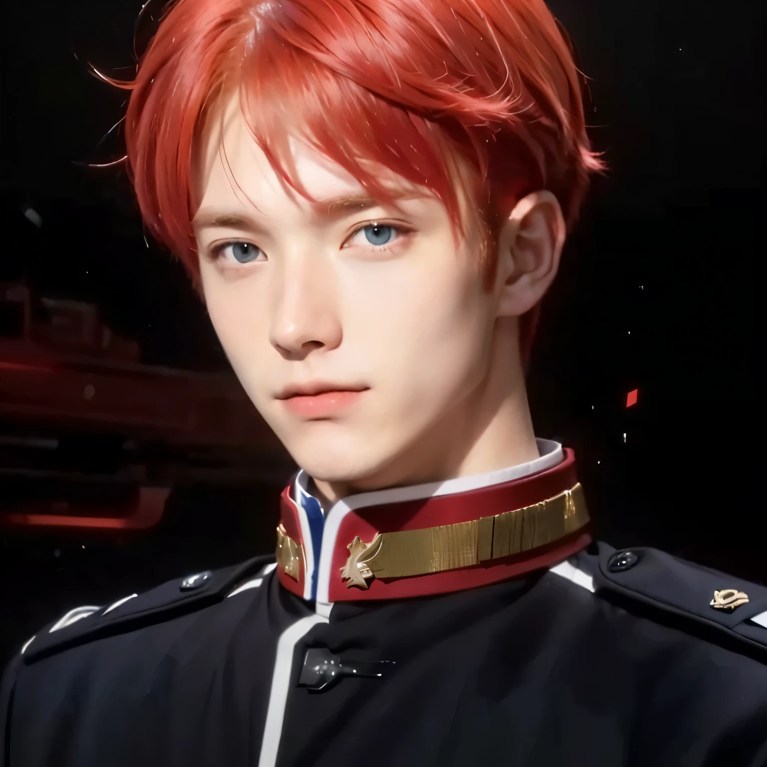 a man with red hair and a uniform looks at the camera, red haired military young adult with blue eyes, black military suit with white accents and red collar