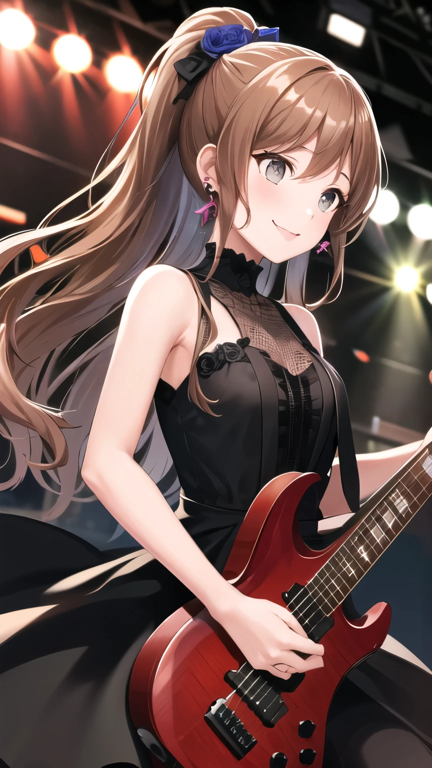 masterpiece, highest quality, High resolution, Arisa, Long Hair, ponytail, Grey Eyes, Earrings, Rose, Hair Flowers, For Mini, Sleeveless, Frill dress, Black Dress, Gothic, Bring your tools, guitar, stage, smile,