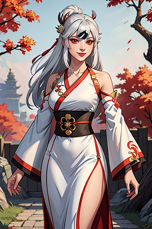 masterpiece, best quality, 1girl, solo, long hair, looking at viewer, smile, bangs, hair ornament, red eyes, long sleeves, dress, standing, collarbone, white hair, grey hair, alternate costume, wide sleeves, tree, chinese clothes, hairpin, hanfu, ningguang (genshin impact), Ningguang,  