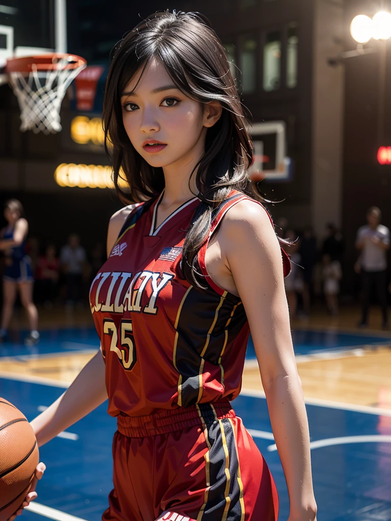 8 thousand, best quality, masterpiece: 1.2), (realistic, realistic: 1.37), very detailed, best quality, ultra high resolution, professional lighting, photon mapping, radio city, Physically Based Rendering, movie lights , Basketball courts, depth of field, Concentrate upon, sun rays, good composition, (bokeh: 1.2), 1 girl, (whole body), (closed mouth), beautiful eyes, pose, constriction, basketball uniform, black hair , messy hair, long hair blowing in the wind,(Ulzzang-6500:1.2) mix 4, hiqcgbody, big bust, A little sexy outfit, clothes:random color,