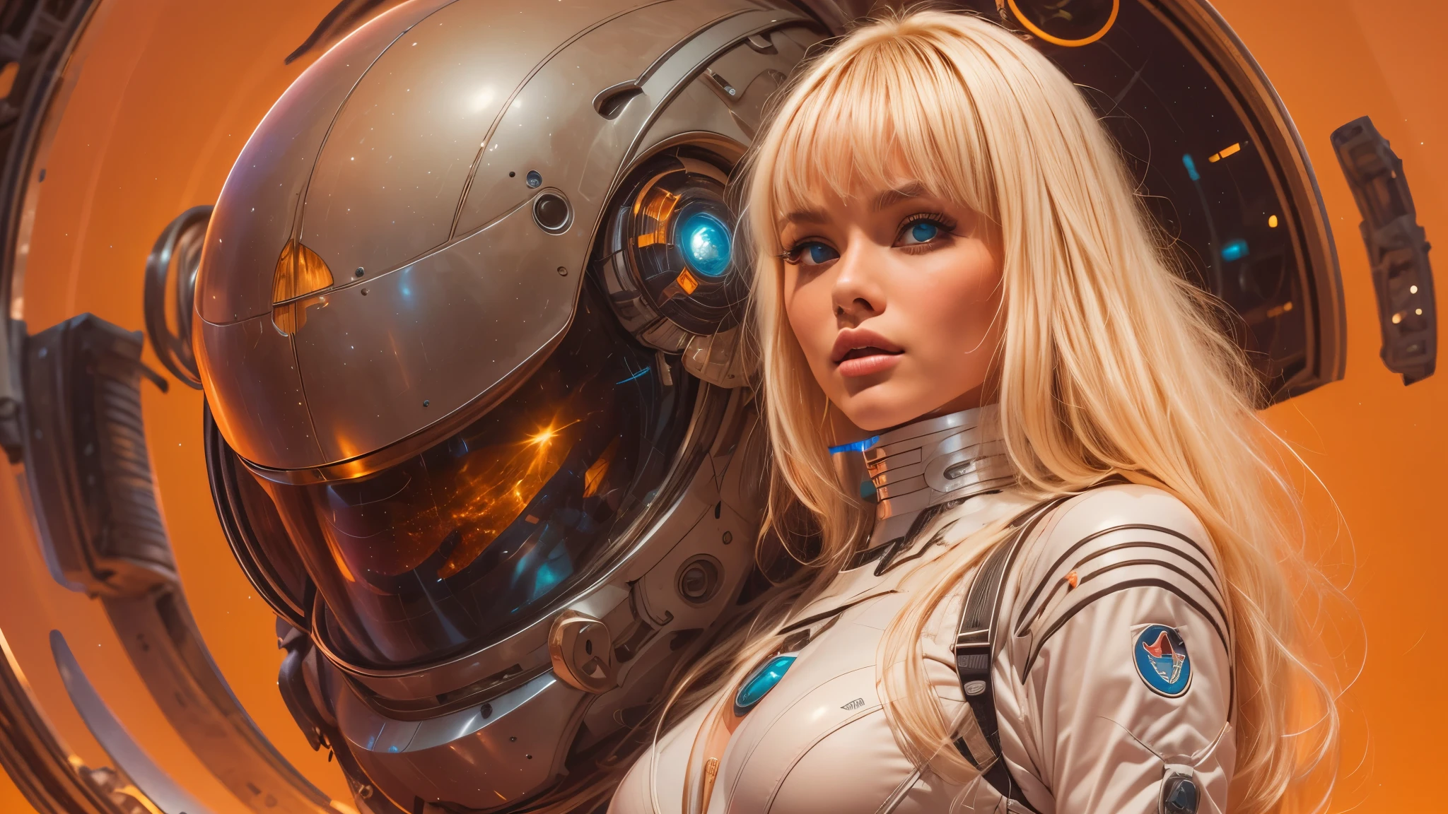 arafed image of a white woman in a futuristic suit with a spaceship in the background, movie art, in front of an orange background, inspired by Robert McGinnis, female protagonist, megastructure in the background, portrait of an ai astronaut, astronauts, an astronaut, portrait of a astronaut skeletor, perfect android girl, detailed eyes, perfectly detailed teeth, frank franzzeta and sakimichan