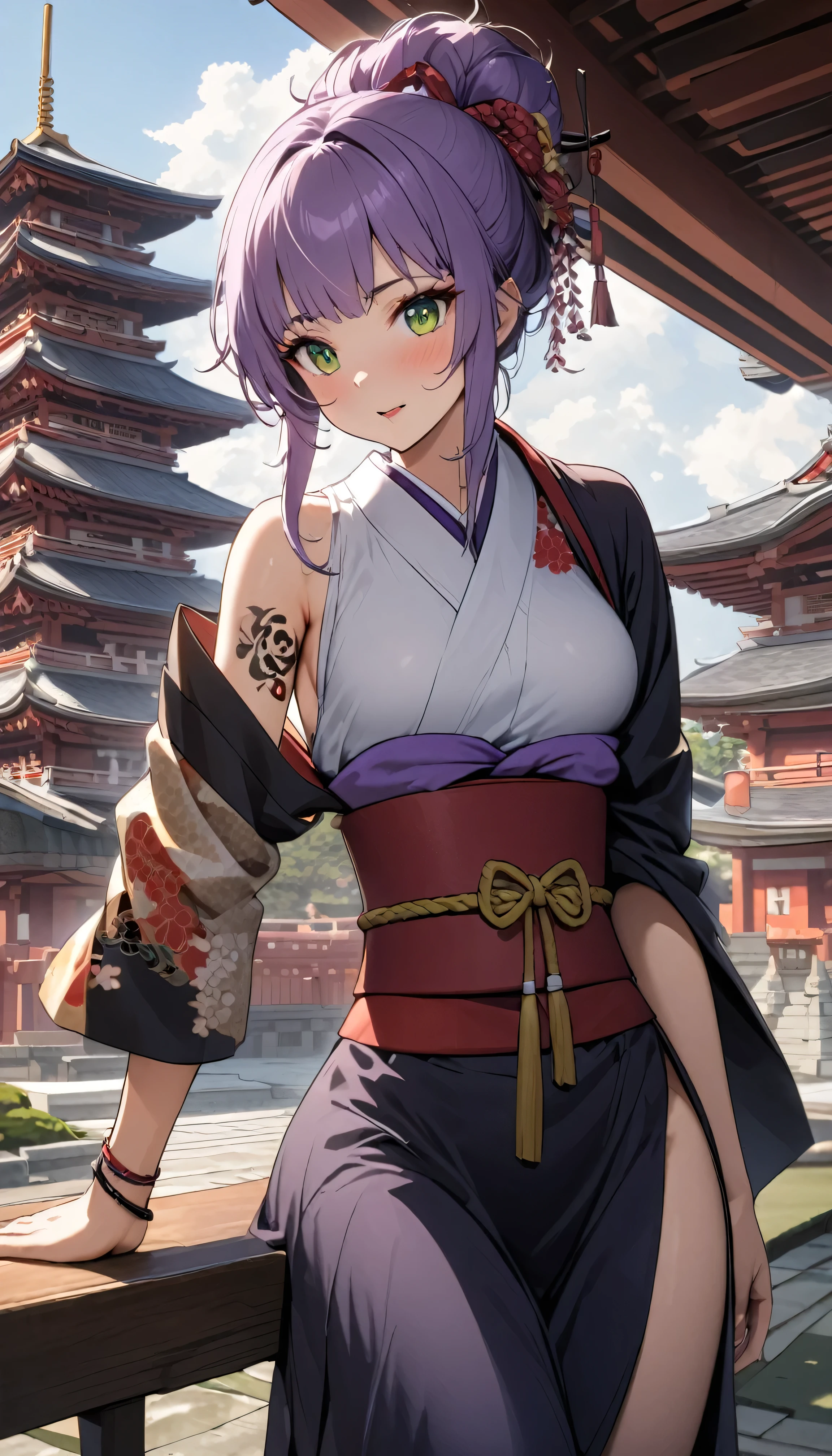 one arafed woman with purple hair and green eyes, japanese tattoo sleeve on her right arm, sfw, japanese temple