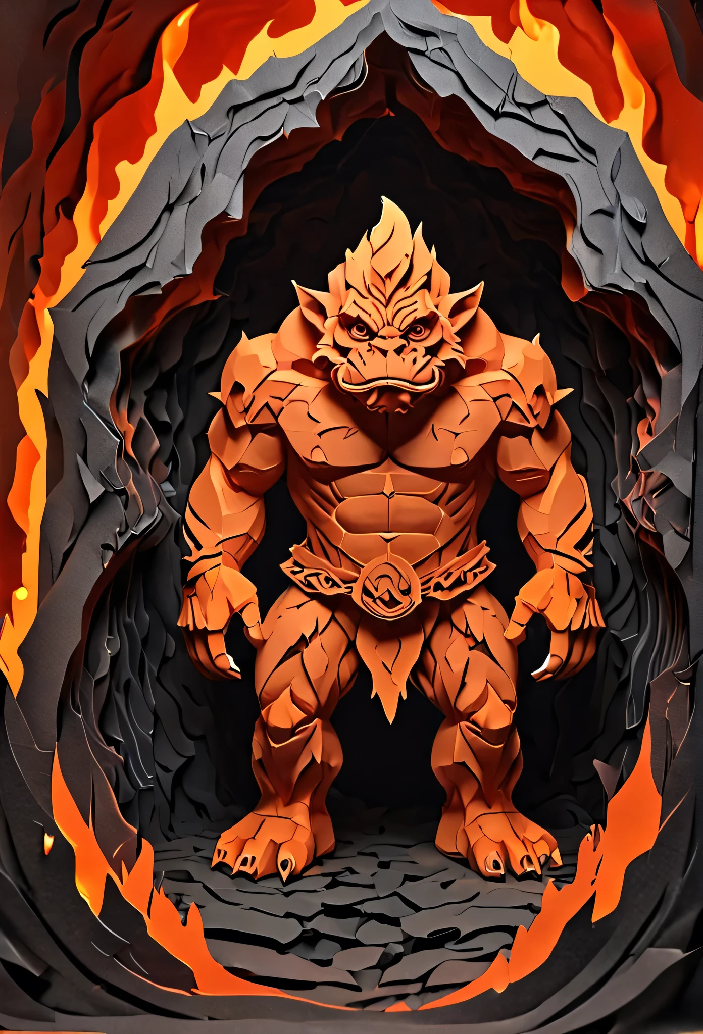 Kirigami representation of ral-lava troll in a magma chamber, lava, . 3D, paper folding, paper cutting, Japanese, intricate, symmetrical, precision, clean lines