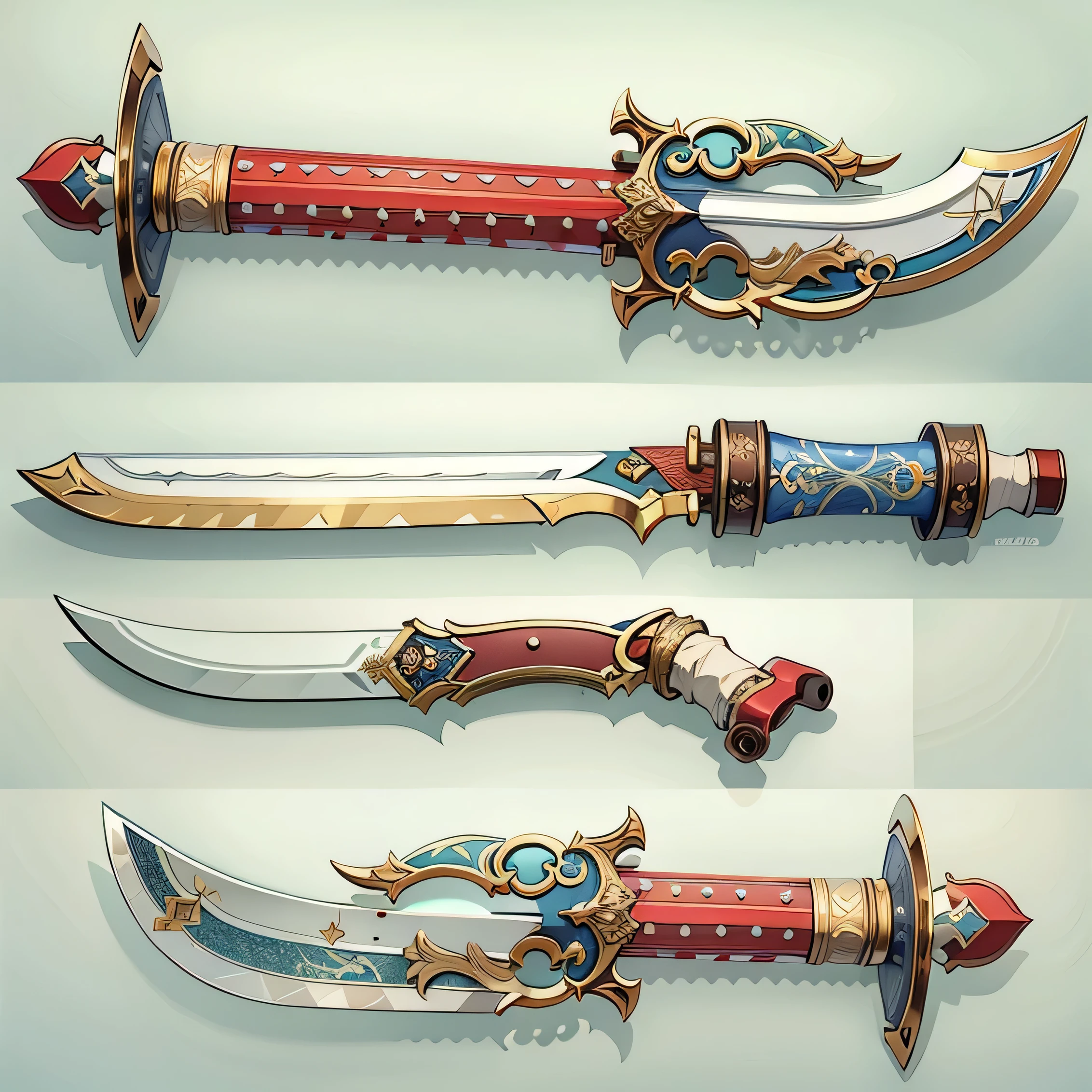 (((best quality))), (((masterpiece))), Weapons to be included in the Weapon Encyclopedia, Two-handed sword, big knife, oriental weapons, white background, Crisp Lines, Colorful colors,
