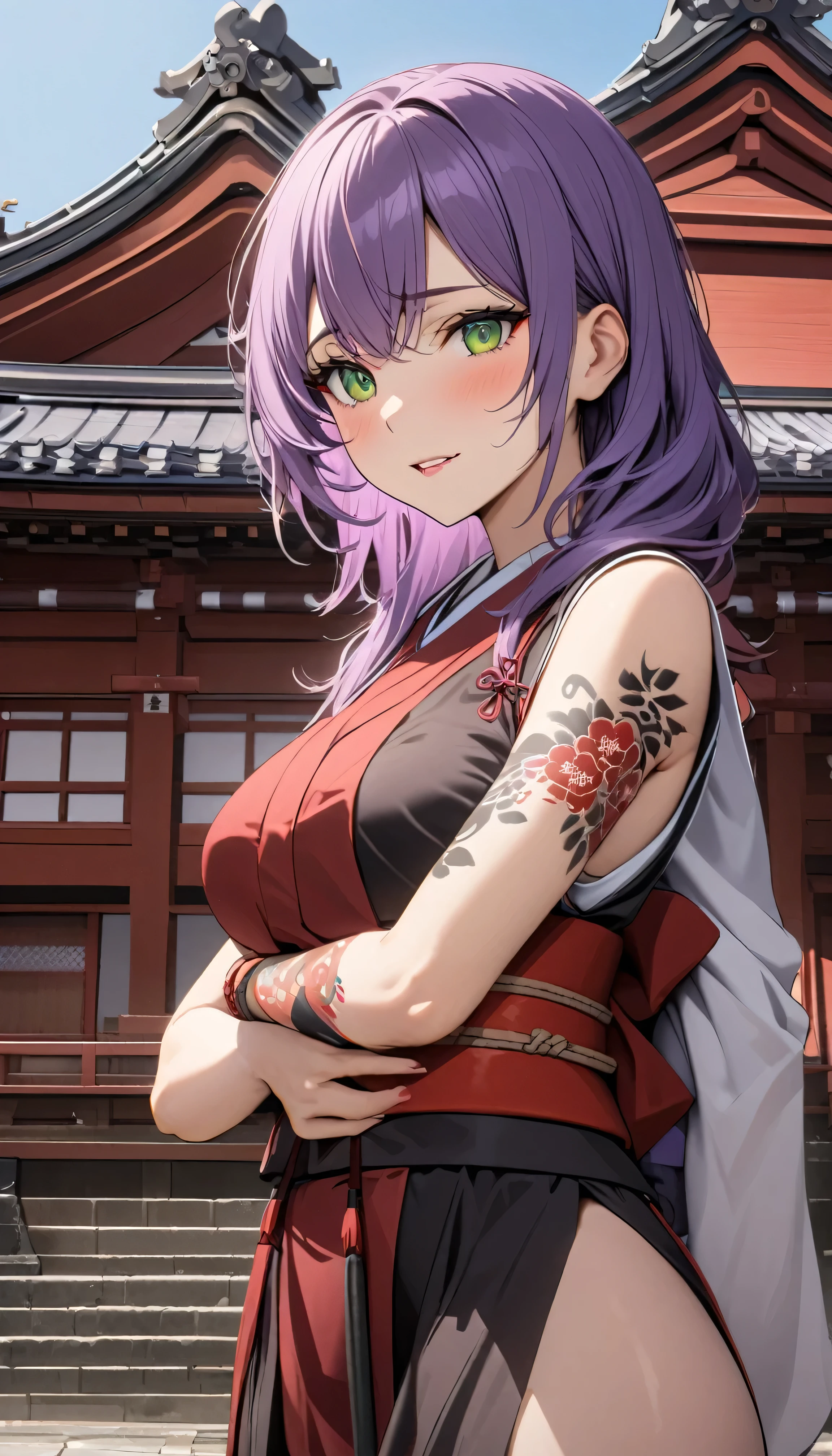 one arafed woman with purple hair and green eyes, japanese tattoo sleeve on her right arm, sfw, japanese temple