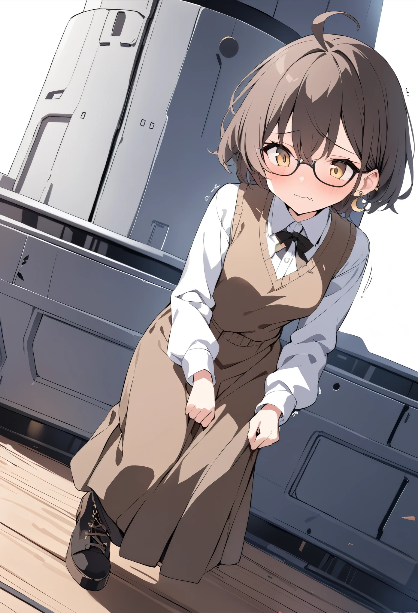 best quality, masterpiece, ultra resolution, super details, anatomically correct, a girl of teens, full body, (dark brown hair:1.2), high quality eyes, high quality hands, short hair, light yellow eyes, (short antenna ahoges:1.3), glasses, asymmetric earrings, (crescent earring on the left ear:1.2), (sun earring on the right ear:1.3), medium breasts, white shirt, brown vest dress, long sleeves, loose sleeves, (long skirt), short boots, coward, (shaking mouth:1.2), fluish, embarrased expression, on the deck of a starship, high quality background, depth of field, dutch angle
