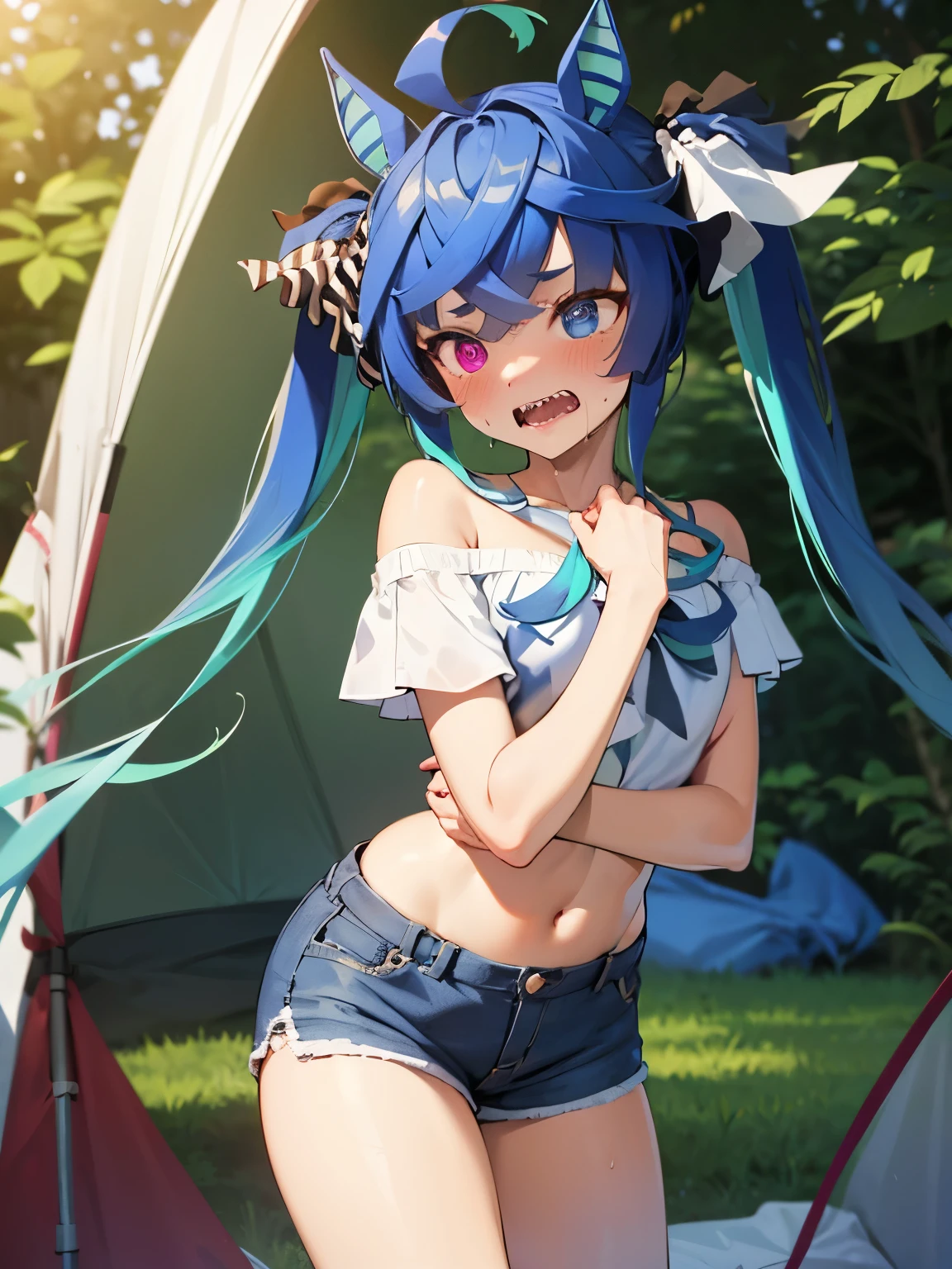 NSFW,Twin_Turbo_Umamusume,Light blue hair、Twin tails、Heterochromia、Purple Eyes、blue eyes、Sharp teeth,(Cropped shirt:1.3),(Off the shoulder:1.3),(High leg shorts:1.3),Embarrassed,blush,(Perfect hands),(Perfect Anatomy),(masterpiece),(highest quality),Outdoor,In the forest at night,tent,One man,Having sex,Embarrassed,blush,In heat,A wistful look,I feel pleasure,(orgasm:1.3),Having sex,Creampie,Wide-eyed,Cross-eyed