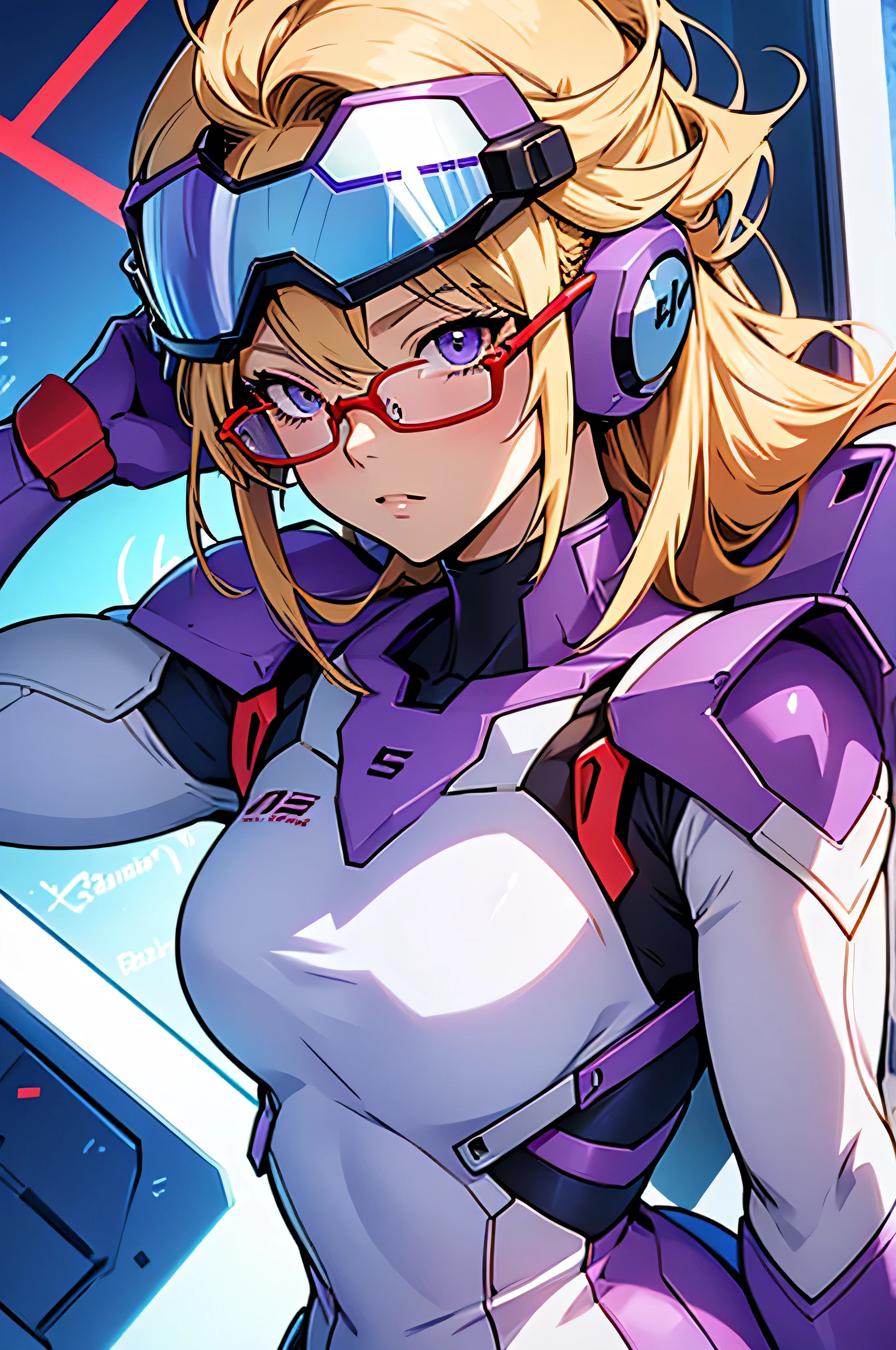 anime,An illustration,purple robot,Mobile Suit,Dom,Light blue check dress,Red glasses,Blonde,Light blue mesh hair,beautiful girl,Sora Sakurano,one person