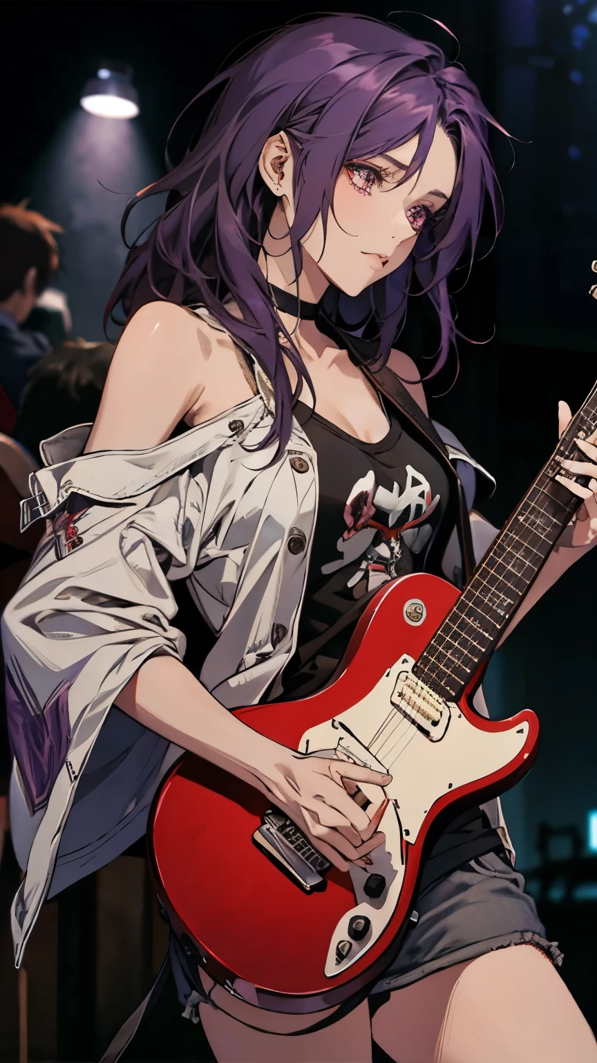 purple hair, hair over shoulder, messy hair, masterpiece, (textured skin), best quality, gorgeous adult woman, (Rock band guitarist), T-shirt, leisure jacket, choker, (electric guitar), Fender, (at Live venue)