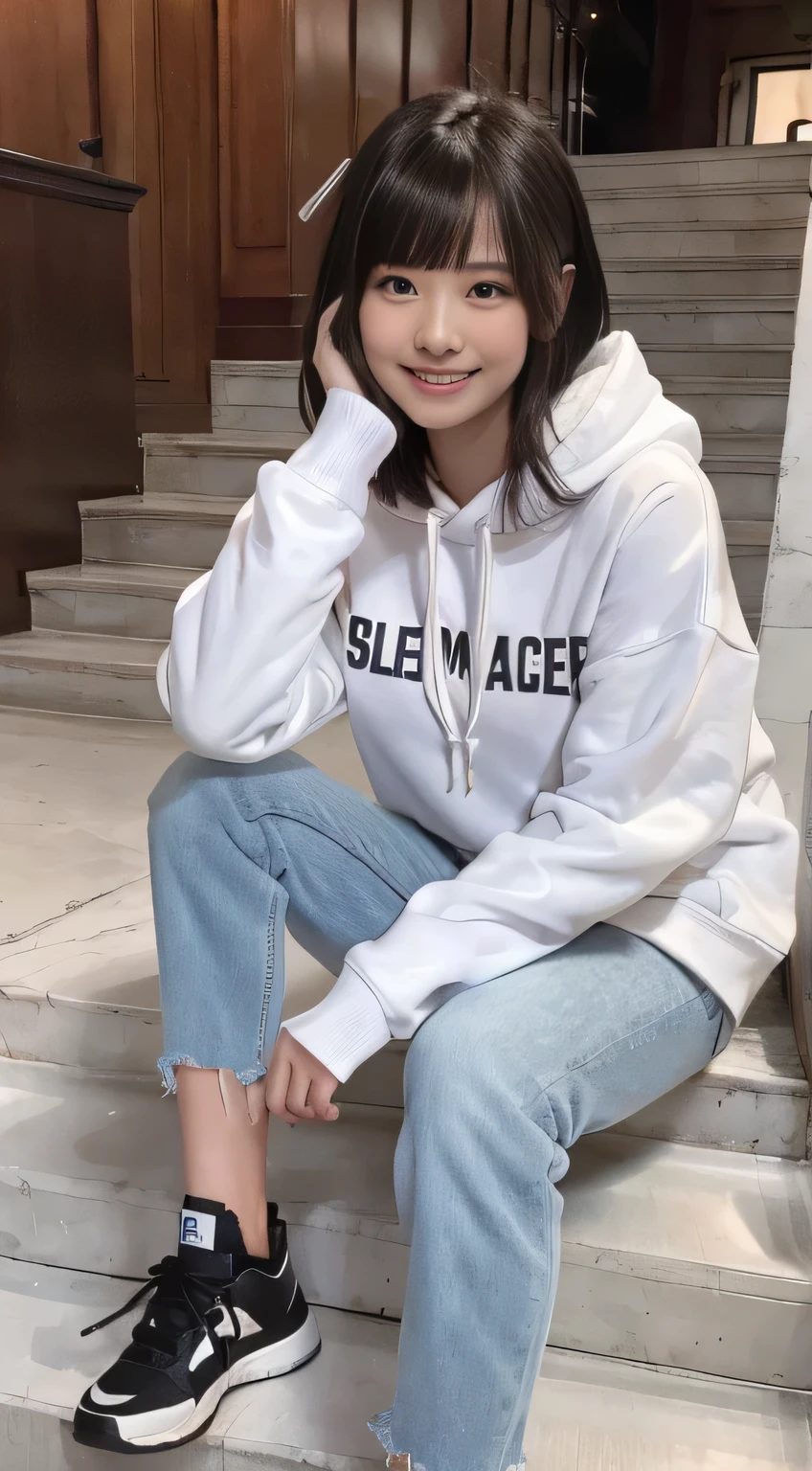 highest quality, Realistic, Very detailed, Finer details, High resolution, 8k wallpaper, One beautiful woman,Sit on the stairs、（Wear black socks）smile、（Beautiful teeth alignment、）（Gums are visible） Oversized hoodie, Skinny jeans,（ Black sneakers）、Black Hair、 Beautiful Bangs、ear piercing、Perfect dynamic composition, Beautiful and detailed, Full Body Shot, A big smile

