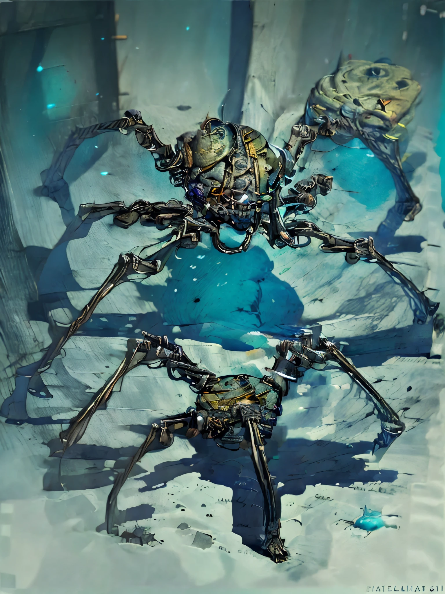 clockworkspider, Concept art, creepy spider monster creeping down a dark futuristic hallway, highly detailed,  