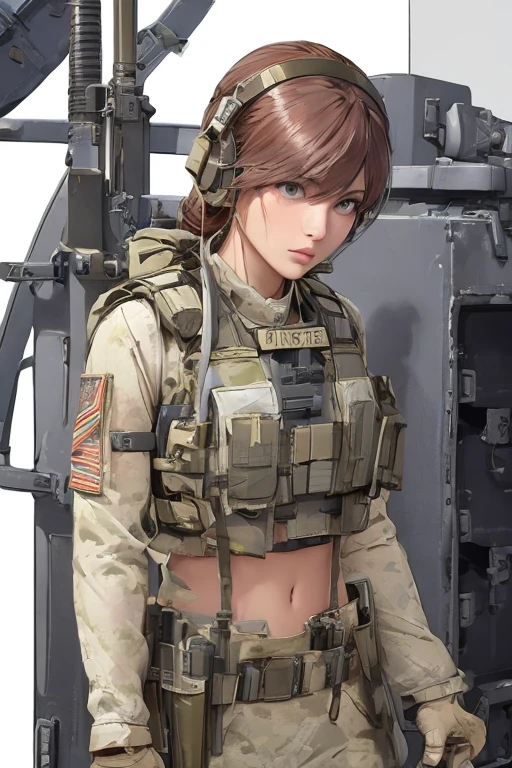 ((a woman in a white outfit holding a rifle and wearing headphones)), 24-year-old woman, Filipino woman, tan bronze skin, soldier girl, mechanized soldier girl, military girl, beautiful female soldier, female lead character, infantry girl, of a sniper girl in war, solo female character, future combat gear, close up half body shot, ((Women in crop top military bulletproof vest)), (showing navel), quiet from metal gear solid v, wearing tactical gear, dressed in tactical armor, (aiming rifle)