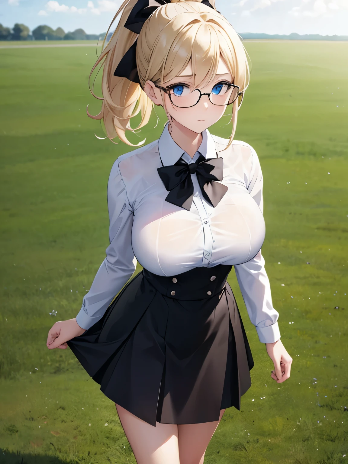 1girl,White shirt, black skirt,Walk in the field, sad expression,,black bow tie, , medium hair,ponytail, blonde hair, glasses, blue eyes, standing, half body photo,very big breast, ultra HD, ultra detail, masterpiece