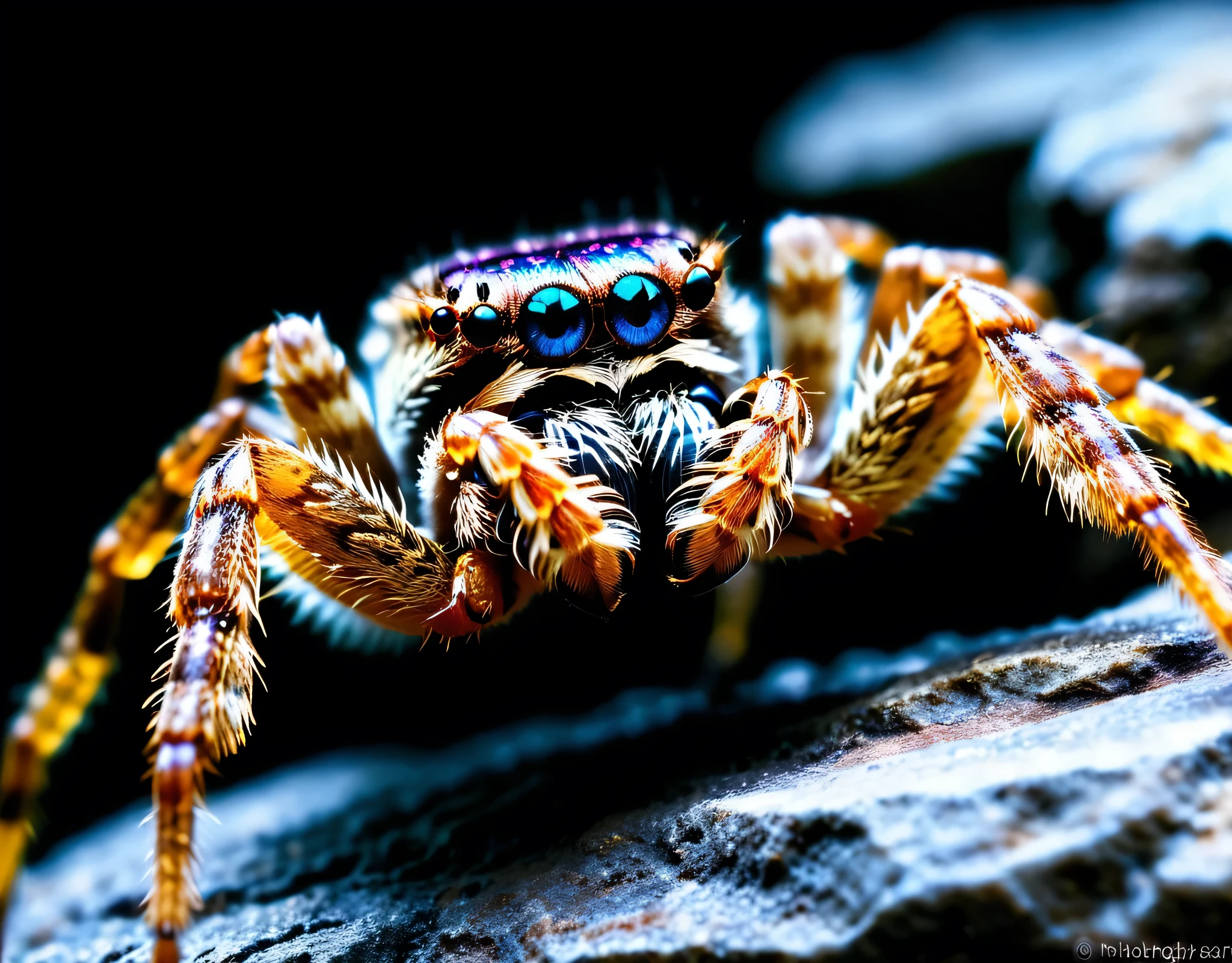 an image of the best quality showing extreme macro close-up side view photograph of a (wolf spider:1.2) on a rock, biomechanical (cyborg:1.1) enhancements, robotic animal, robot, beautiful, organic details, fine hair, focus stacking, iridescent, (mecha:0.7), holographic optics, dark background, in the style of macro photography, focus-stacking, studio photography, highly detailed, extreme realism, saturated colors, colorful, (metal gear solid:0.7), (tank:0.6), (weapon:0.7), many black eyes