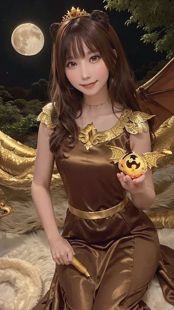 Princess (Brown Hair, wearing long dresses, Have a magic wand), background (forest, moon), Chinese Dragon (One, Five-clawed golden dragon, Two Wings), Princess riding a dragon,smile