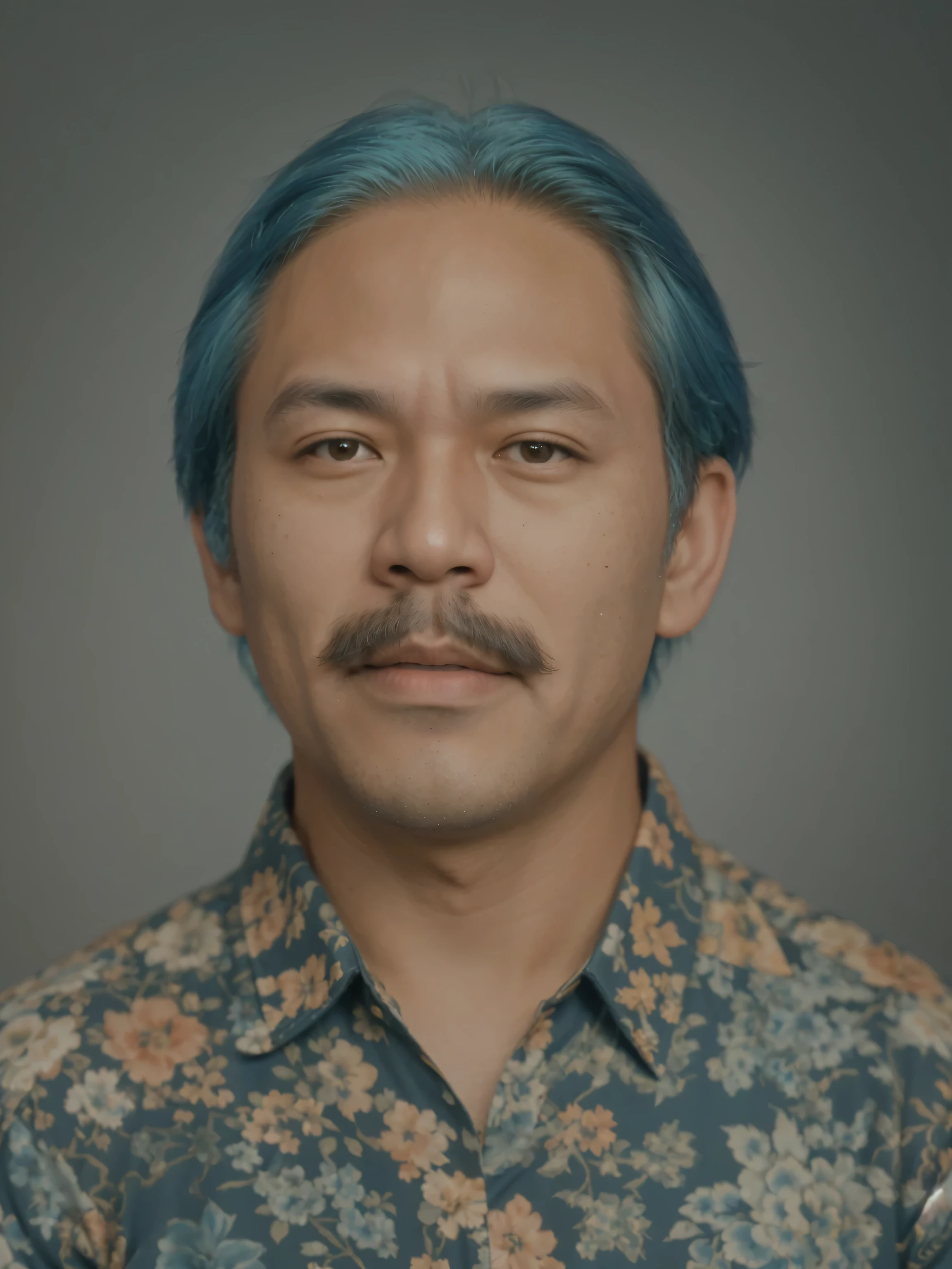 arafed man with a blue hair and a mustache in a floral shirt, inspired by Basuki Abdullah, portrait picture, color portrait, detailed portrait, realistic portrait photo, digital art but photo, ramil sunga, bao pham, miyamoto abduzeedo, potrait, digital panting, 6 8 years old man, by Abidin Dino