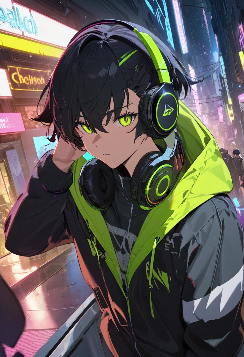 ((un chico)), piel morena clara, cabello color negro, ojos negros, joven, ((mirada diagonal)), using headphones, chaqueta gris, ((fondo de ciudad lluviosa)), ((ambiente nocturno)), luces cyberpunk, ((detallado)), ((alta calidad)), ((plano detalle del rostro del chico))