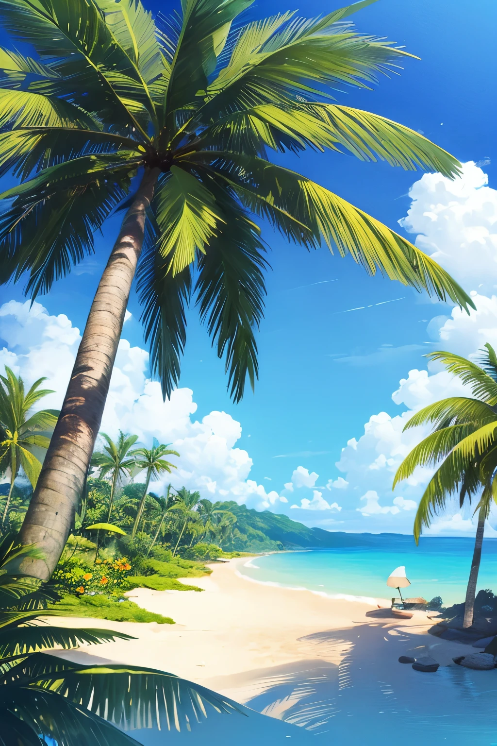 illustration, cartoon, tropical, palm tree, blue sea, beach, leaves, landscape
