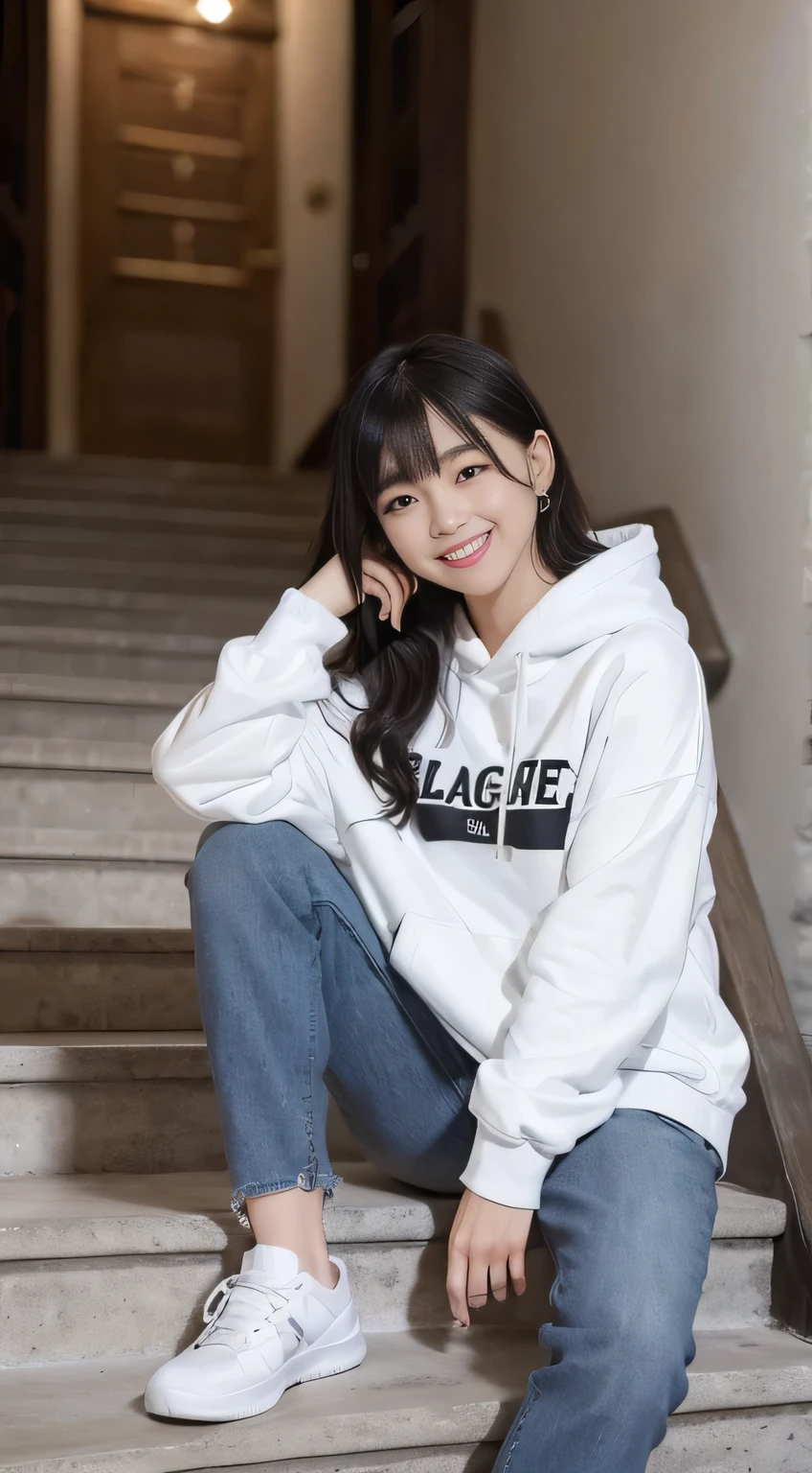 highest quality, Realistic, Very detailed, Finer details, High resolution, 8k wallpaper, One beautiful woman,Sit on the stairs、(Wear black socks)smile、(Beautiful teeth alignment、)(Gums are visible) Oversized hoodie, Skinny jeans,( Black sneakers)、Black Hair、 Beautiful Bangs、ear piercing、Perfect dynamic composition, Beautiful and detailed, Full Body Shot, A big smile