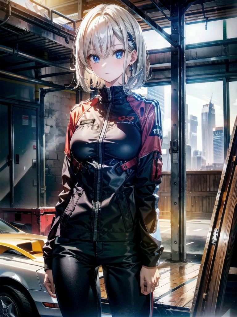 whole body, mechanic's jumpsuit, absurdres, RAW photo, extremely delicate and beautiful, masterpiece, Best Quality, ultra high resolution, 32k, hyperrealistic, ultra-detailed, detailed description, pale skin, 20 years old, detailed beautiful face and eyes, tearful mole, earring, Colossal tits, short medium hair, wavy hair,
