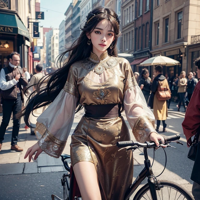 As a high-resolution image of an antique bicycle parked on the busy street of Baker Street. This bike boasts exquisite detailing and a vintage aesthetic., Capturing the essence of a bygone era. rider, Hair fluttering in the wind, They run confidently through the crowded streets.、It gives me joy and happiness。.

Focus on the highest quality, An image made to be a masterpiece in itself. Boasting 8K resolution, Perfectly capture every intricate detail、can be displayed. The image quality is unparalleled, Create a visually stunning experience for your audience. The overall image exudes an award-winning aura.,

The face is at the center of the image, Drawn with meticulous attention to detail. All Contours, Features, Facial expressions are captured with great accuracy. Viewers can immerse themselves in ultra-high resolution detailed faces, Marvel at the vivid depictions. eye, especially, It is an attractive focal point, Shining with stunning detail and realism.

Add depth and visual interest, The ancient Islamic costumes worn give off an exotic vibe., enhancing the overall aesthetic of the image. Tatoo in the chest gives attractive charm, Symbolize their attractive personality.

The color palette of the image is、Carefully selected to evoke a nostalgic and timeless atmosphere。. 