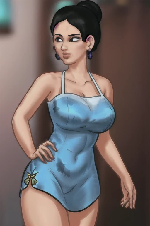highly detailed,masterpiece,ultra-detailed,illustration,best quality,chichi_dbz,earrings,pendant,finely detail,beautiful detailed glow,bracelet,collar,black hair,1girl,cheongsam,Shiny skin ,ultra-detailed,Shiny clothes,an extremely delicate and beautiful,best shadow,masterpiece,solo,mature female,an extremely delicate and beautiful girl,world masterpiece theater,looking_at_viewers,Half updo,single hair bun,The Polished single topknot,,hair slicked back,no bangs,Serious,Rose and butterfly prints on Tight cheongsam,semicircle house on the meadow,dynamic pose,forehead,no hair in forehead,cowboy shot,