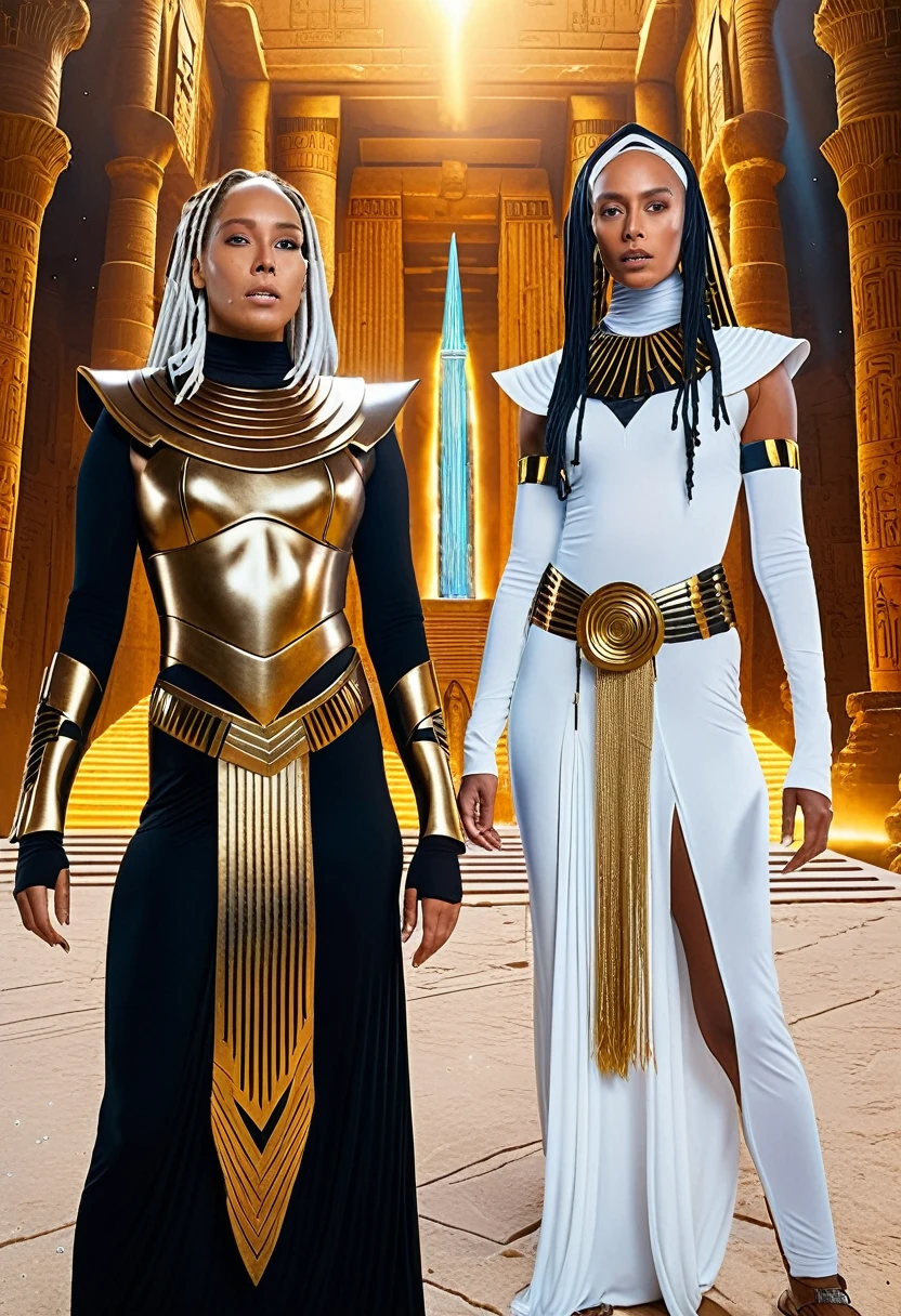 Alicia Keys Standing Next to a brown skinned female grim reaper with white dreadlocks, both wearing gold Egyptian armour standing inside a magnificent Egyptian Temple on an asteroid in space looking our at Earth on fire